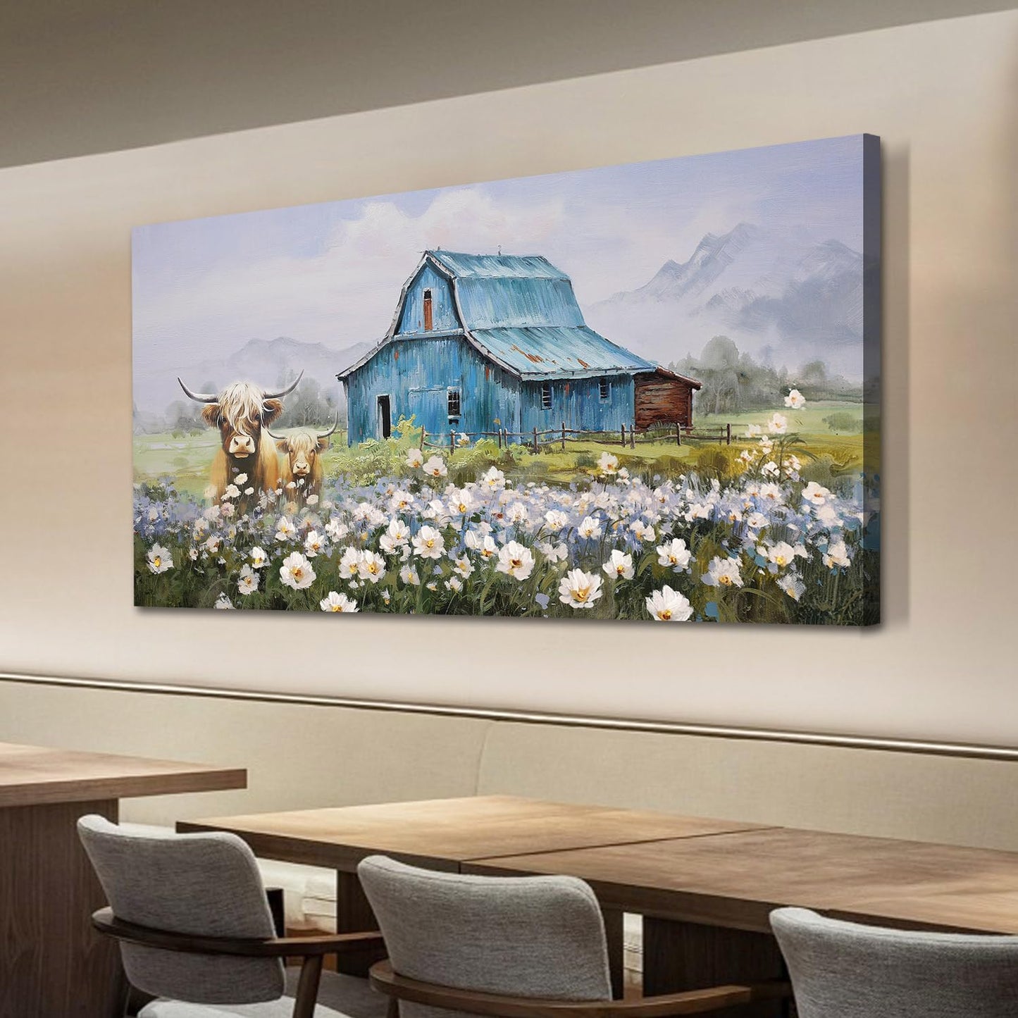 Anolyfi Highland Cow Farmhouse Wall Art for Living Room, Blue Barn Paintings Warm and Cozy Decor for Bedroom Dining Room Home Hallway, Framed 58"x29"