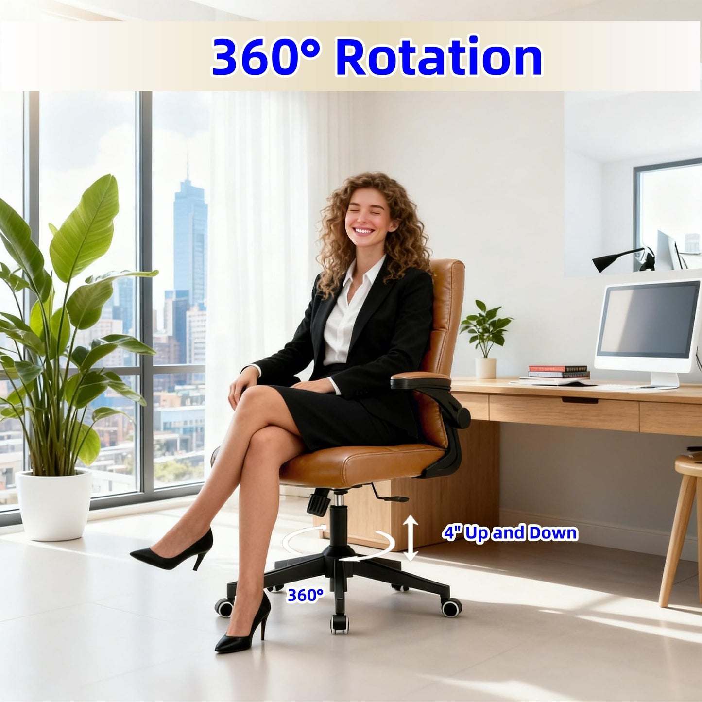 balmstar Leather Office Chair Computer Desk Chair, 360° Swivel Rolling Wheels, Adjustable Tilt Angle 90°-135° with Lumbar Support Executive Chair for Home Office, Working with 450LBS Capacity(Brown)