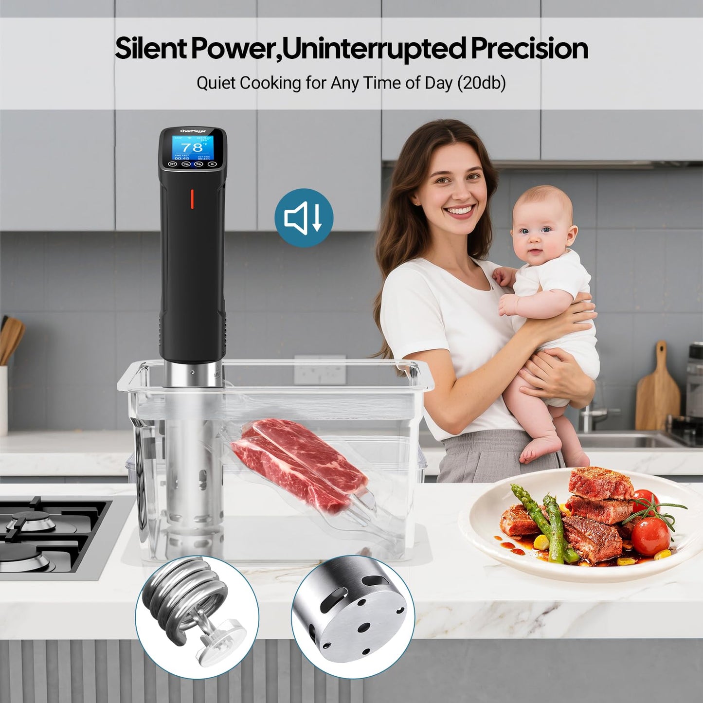 CharMeter Wifi Sous Vide Cooker 1000W, Ultra Quiet Immersion Circulator with Water Level Alarm, App Control with 14 Preset Recipes, Calibration & Timer Function,Fast/Stable Heating with Shared Control