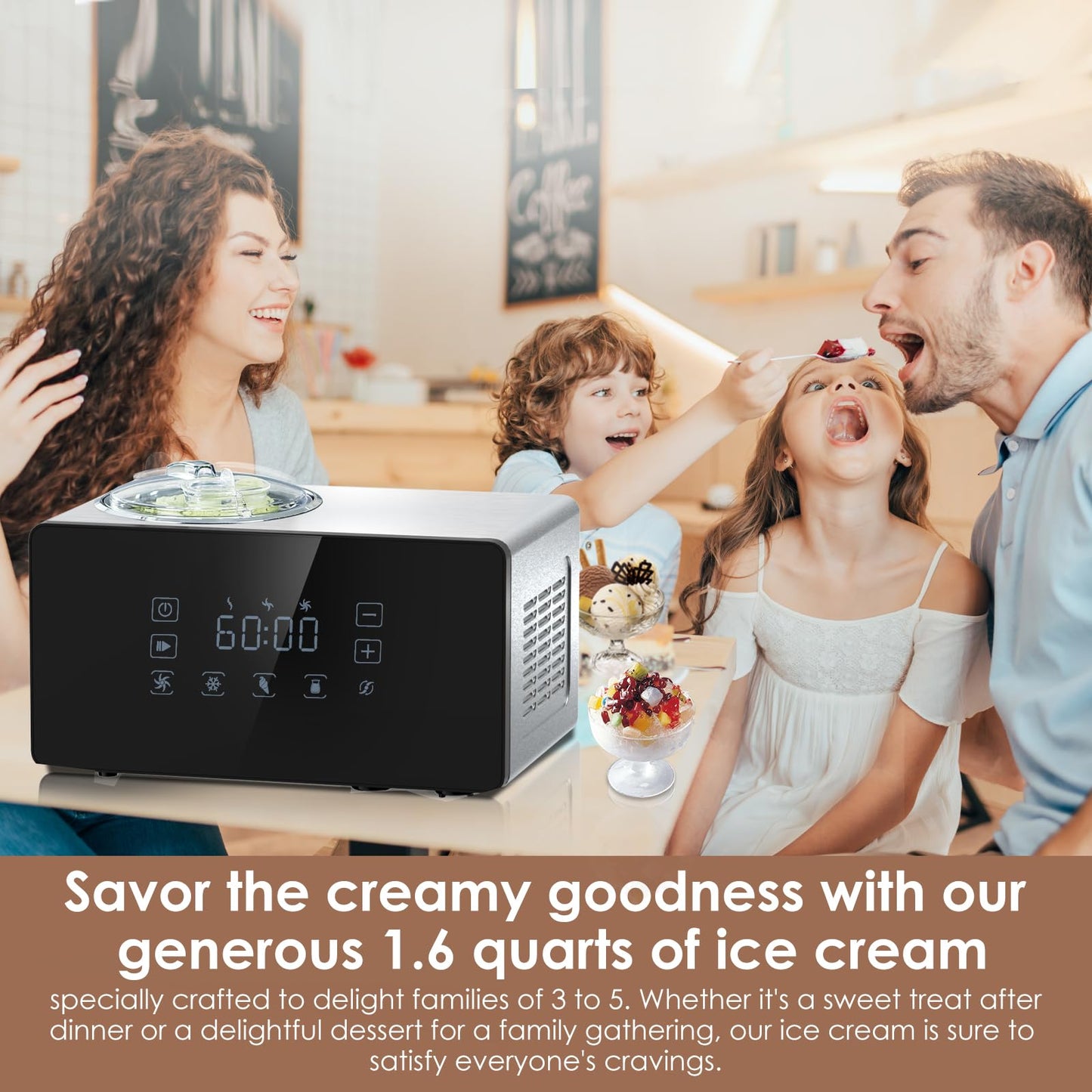 Homtone Ice Cream Maker Fully Automatic with Compressor, 4 Modes, Adjustable softness, Adjusted Speed 1.6 Quart Ice Cream + Yogurt Maker, LCD Touch Screen Homemade Soft & Hard Ice Cream Machine