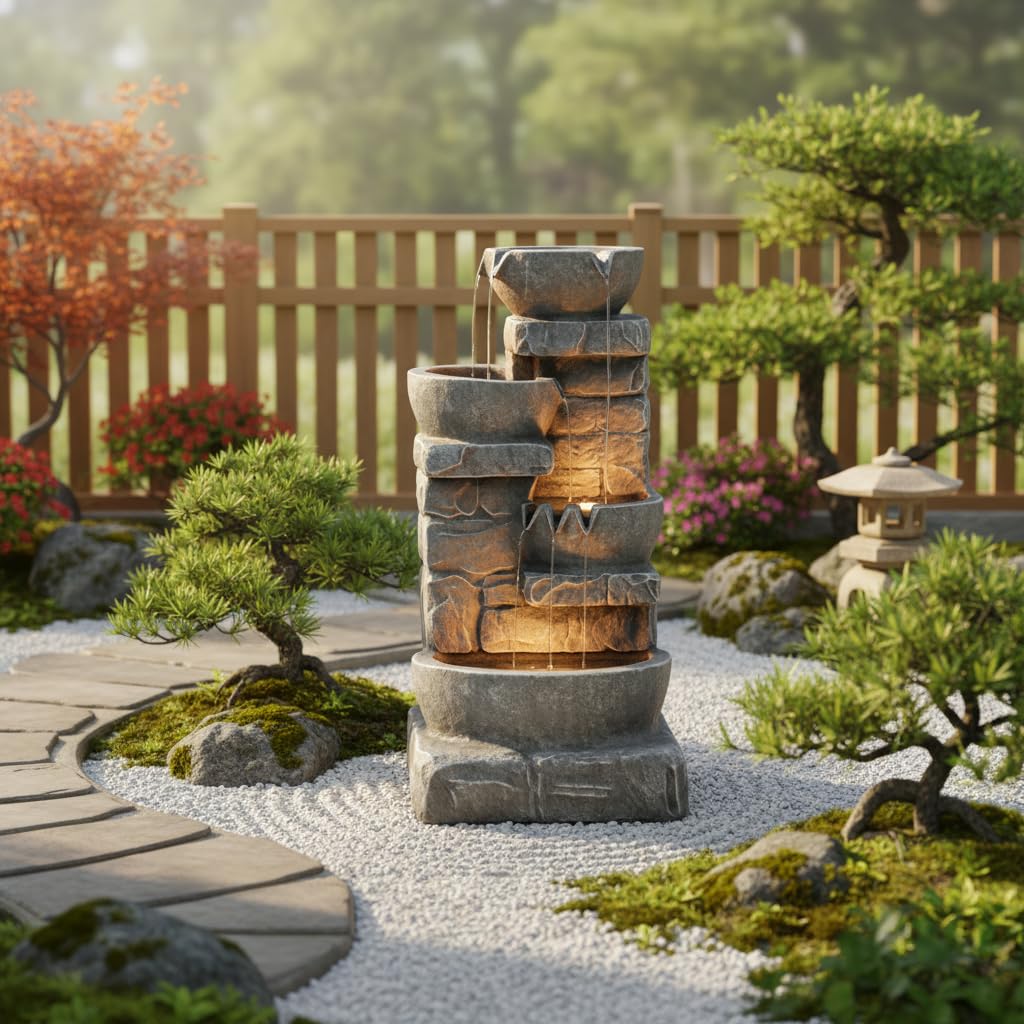 Teamson Home 33.25 in. Cascading Bowls and Stacked Stones LED Outdoor Water Fountain for Gardens, Landscaping, Patios, Balconies, and Lawns for a Calming Oasis in Outdoor Living Spaces, Stone Gray