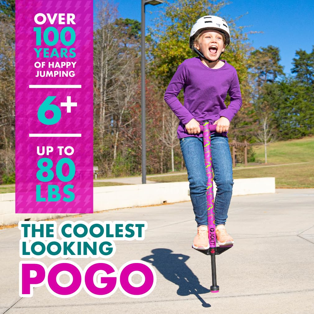 Flybar Jolt Pogo Stick for Kids, Perfect for Beginners w/Foam-Covered Metal Frame, Handles & Padding, Non-Slip Foot Pads, Wide Tip, Outdoor Active Play Toy for Boys & Girls, Ages 6+, Pink Hearts