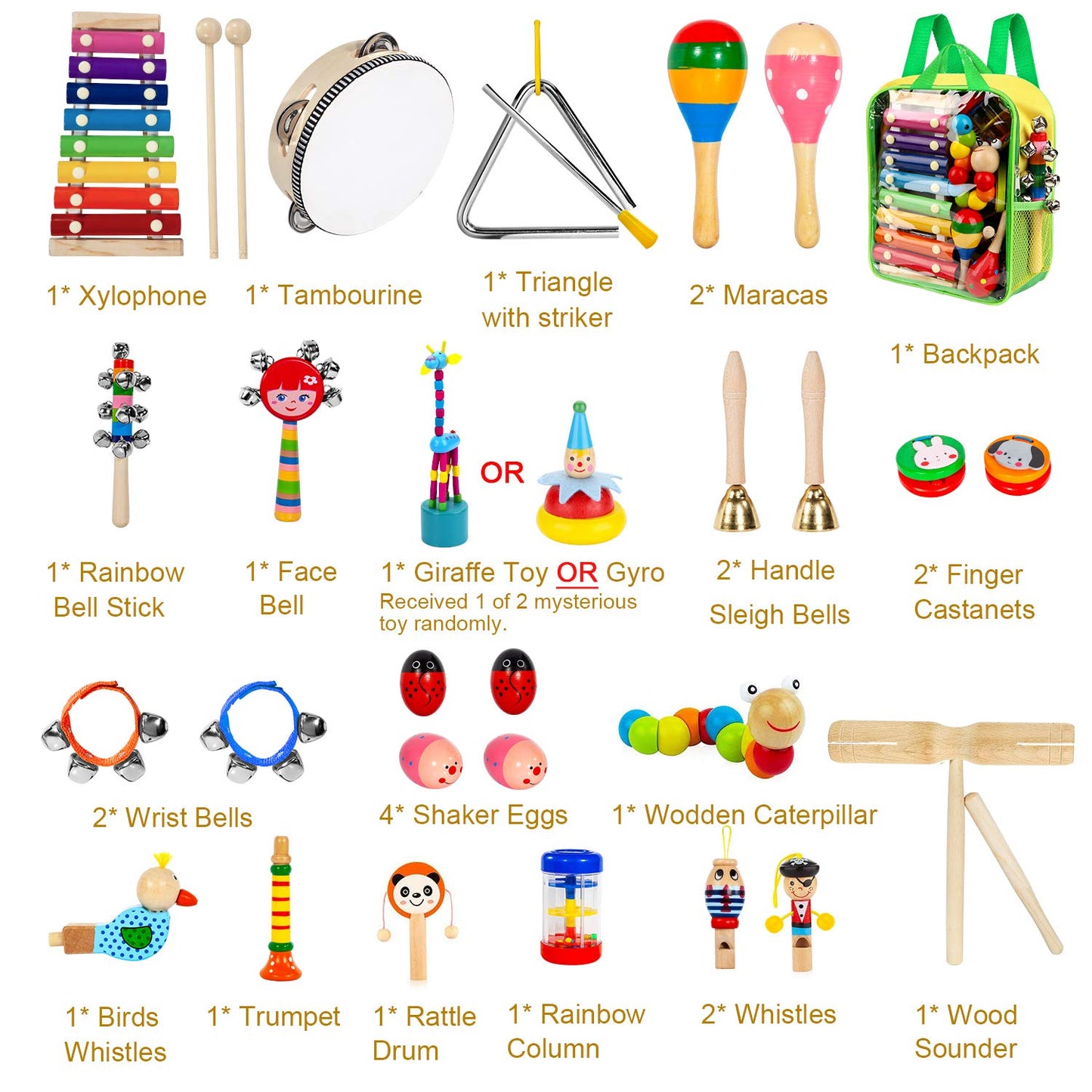 Kids Musical Instruments, 33Pcs 18 Types Wooden Percussion Instruments Tambourine Xylophone Toys for Kids Children, Preschool Education Early Learning Musical Toy for Boys and Girls