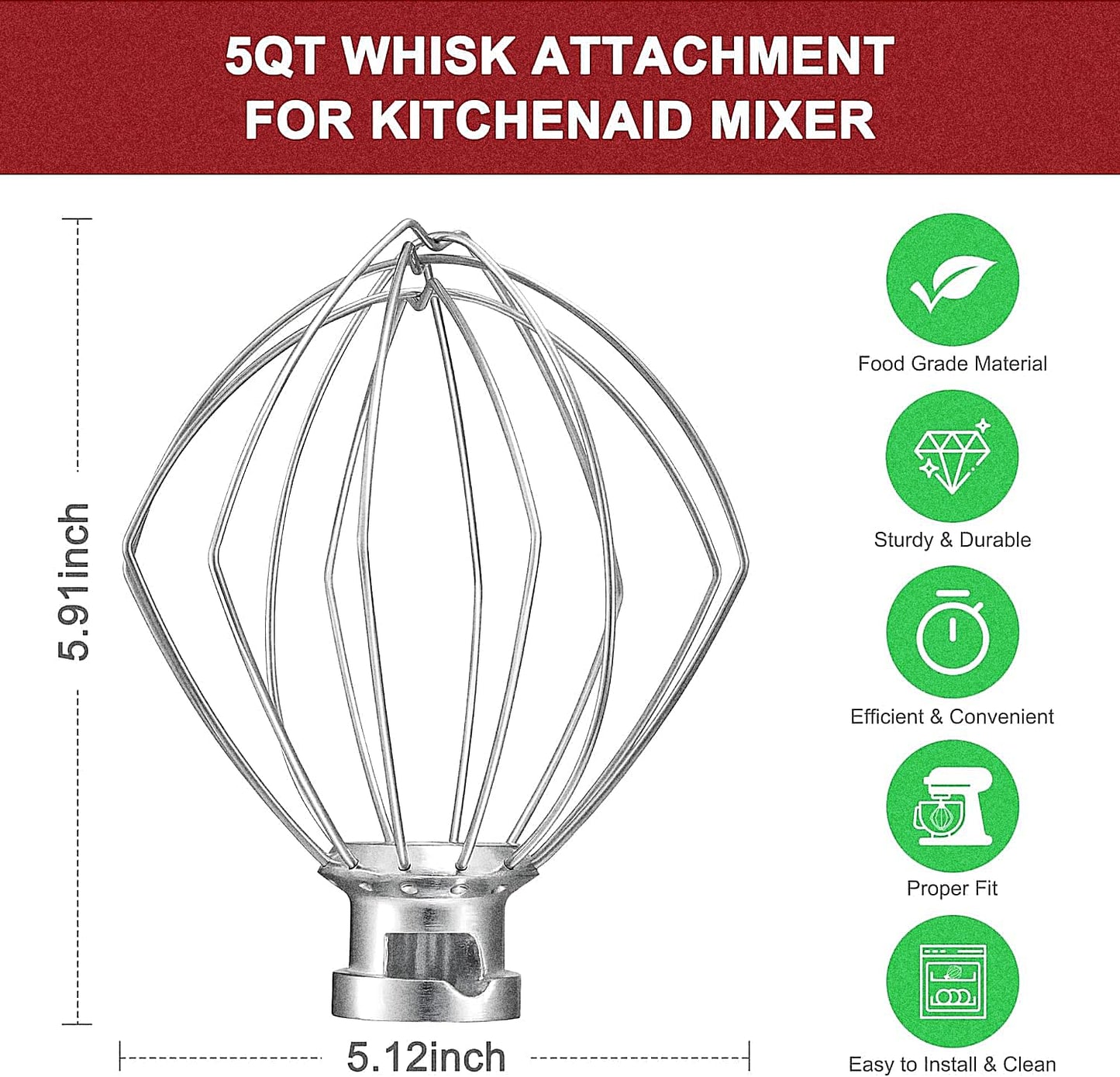 K45WW Stainless Steel 6 Wire Whip Attachment for KitchenAid 4.5-5 Quart Tilt-Head Stand Mixer Whisk Attachment for Whipping Egg Whites, Cream and Cake Batter, Fast Whisk Attachment fits