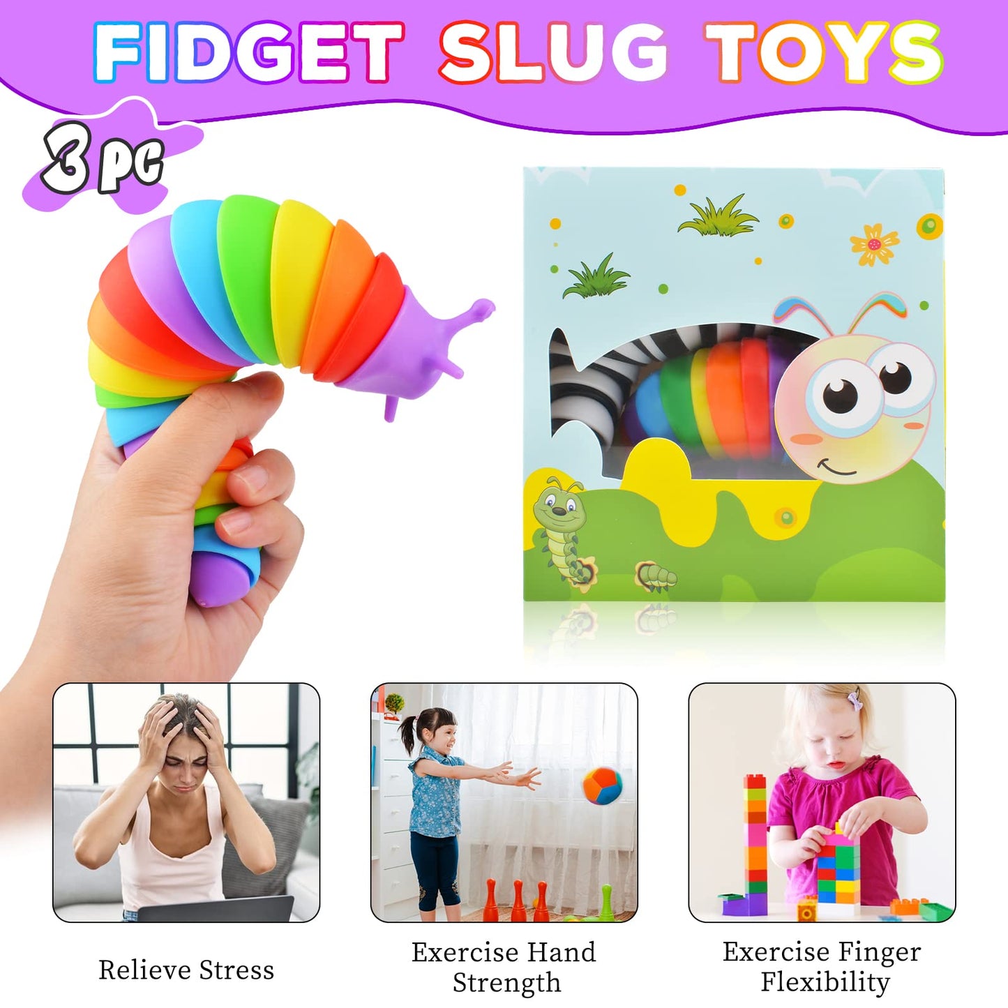 Cevioce Fidget Slug Toy 3Pcs Autism Sensory Toys for Autistic Children Airplane Car Travel Essential Toys Gifts for Kids Toddlers Girls Boys Slug Fidget Toys for Kid Adult Easter Basket Stuffers