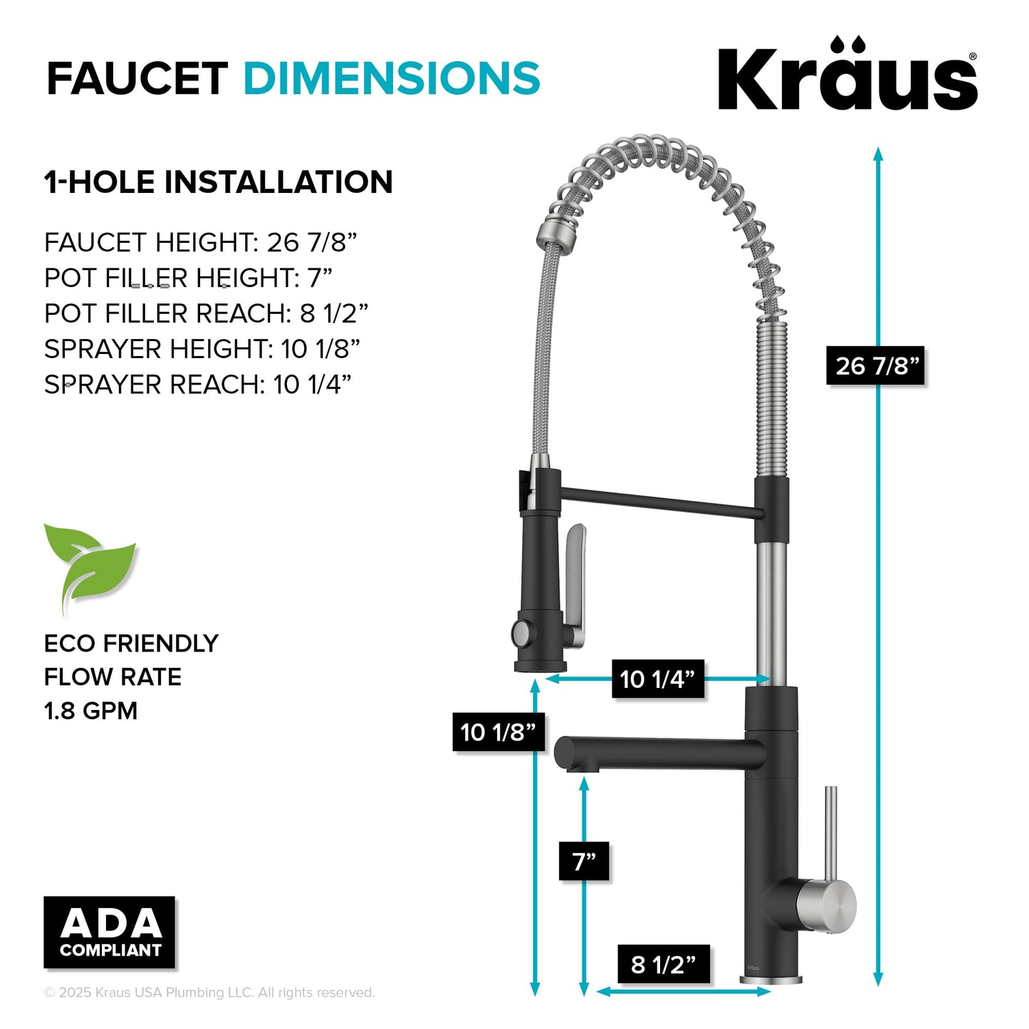 KRAUS Artec Pro Commercial Style 2-Function Single Handle Pull Down Kitchen Faucet with Pot Filler in Spot-Free Stainless Steel/Matte Black, KPF-1605SFSMB
