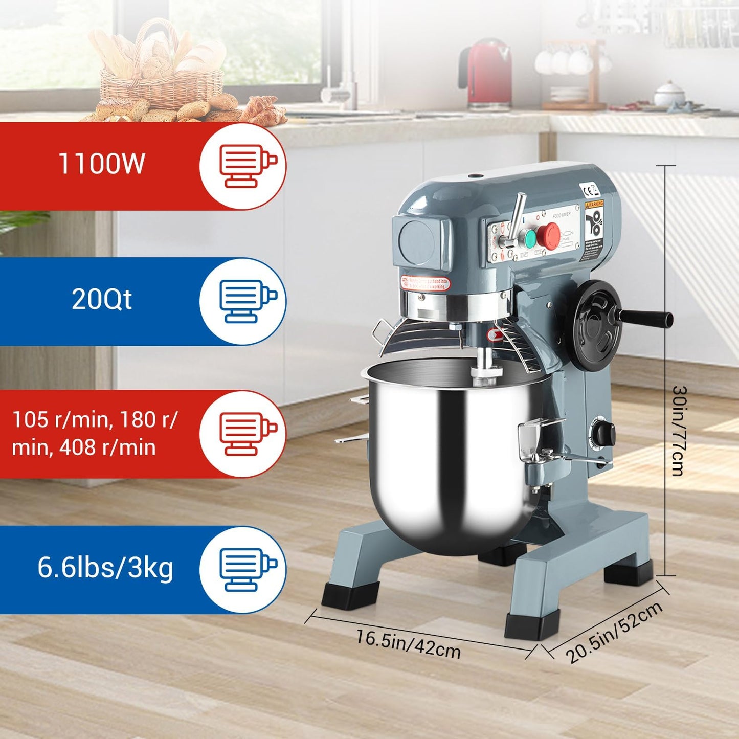 Commercial Food Mixer 15QT, Commercial Mixer with 3 Adjustable Speeds, Dough Mixer Timing Function, Commercial Stand Mixer with Stainless Steel Bowl for Schools Bakeries Pizzerias