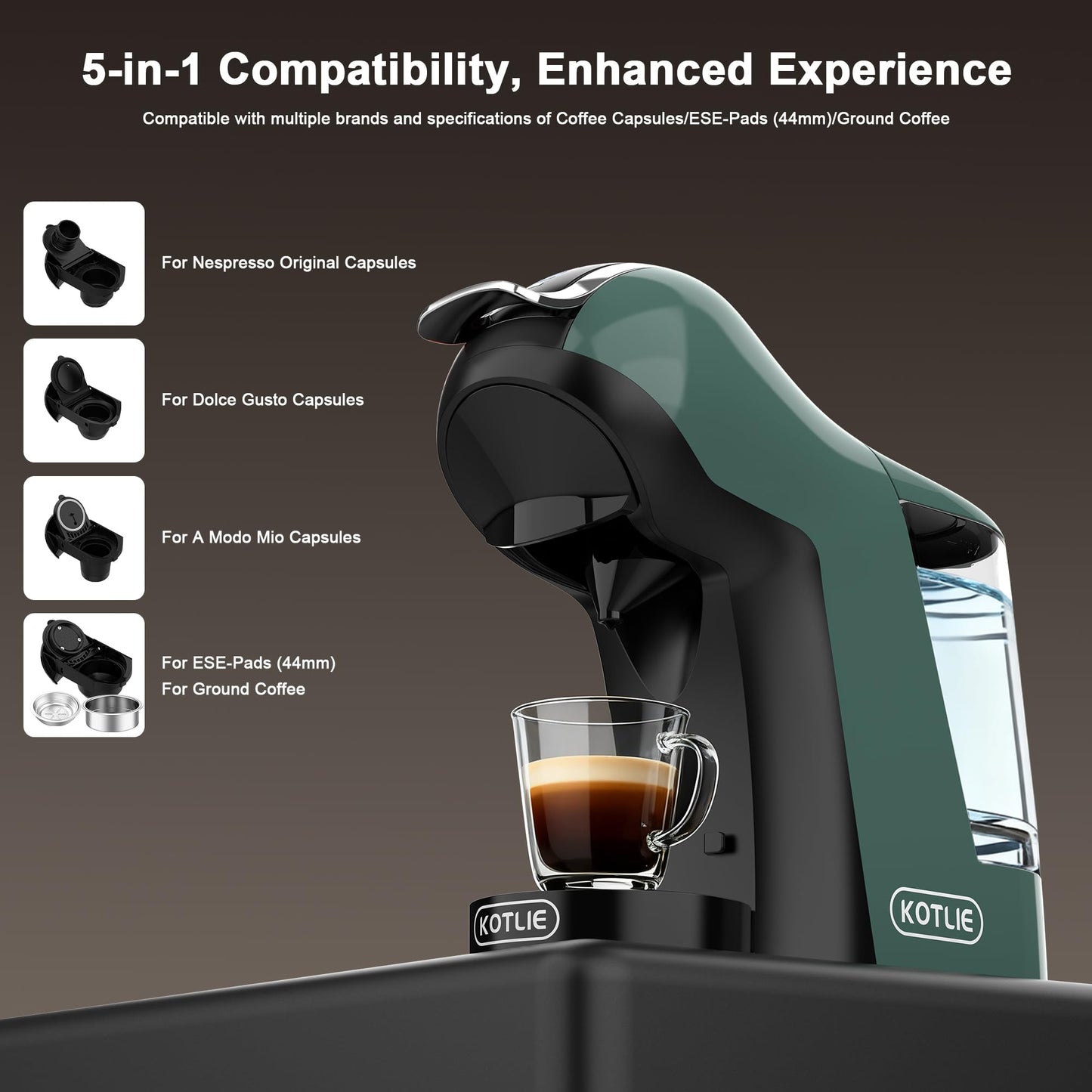KOTLIE EM-308B Espresso Machine, Single Serve Coffee Maker Compatible with Multiple Capsule Types, Ground Coffee, and ESE Pods, 3 Temperatures, 7 Water Volume Levels, 34 Oz（Green）