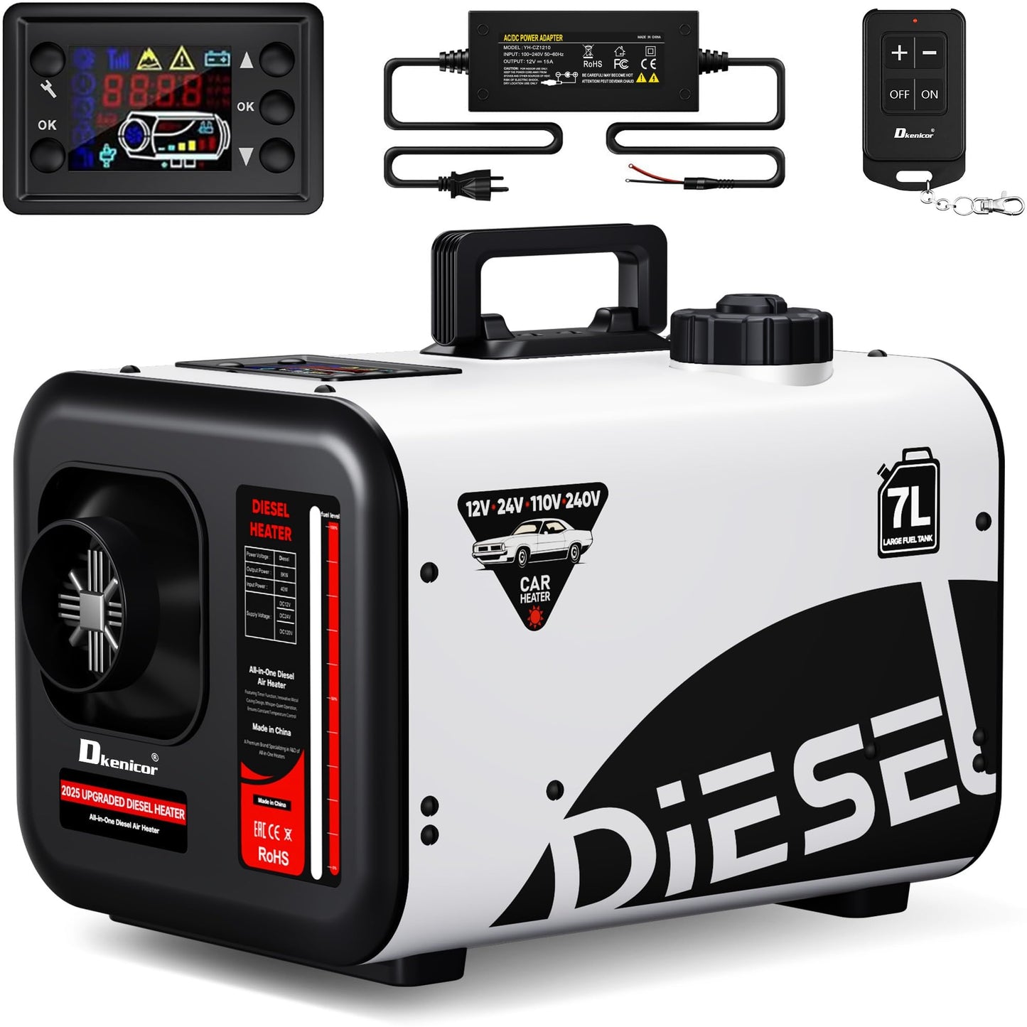 Dkenicor 7L Diesel Heater 240V/110V/12V/24V, All-in-One 8KW Diesel Air Heater with LCD Monitor & Remote Control(without battery), Fast Heating for Tents, Cars, RVs, Trucks, Campers, Trailers,White