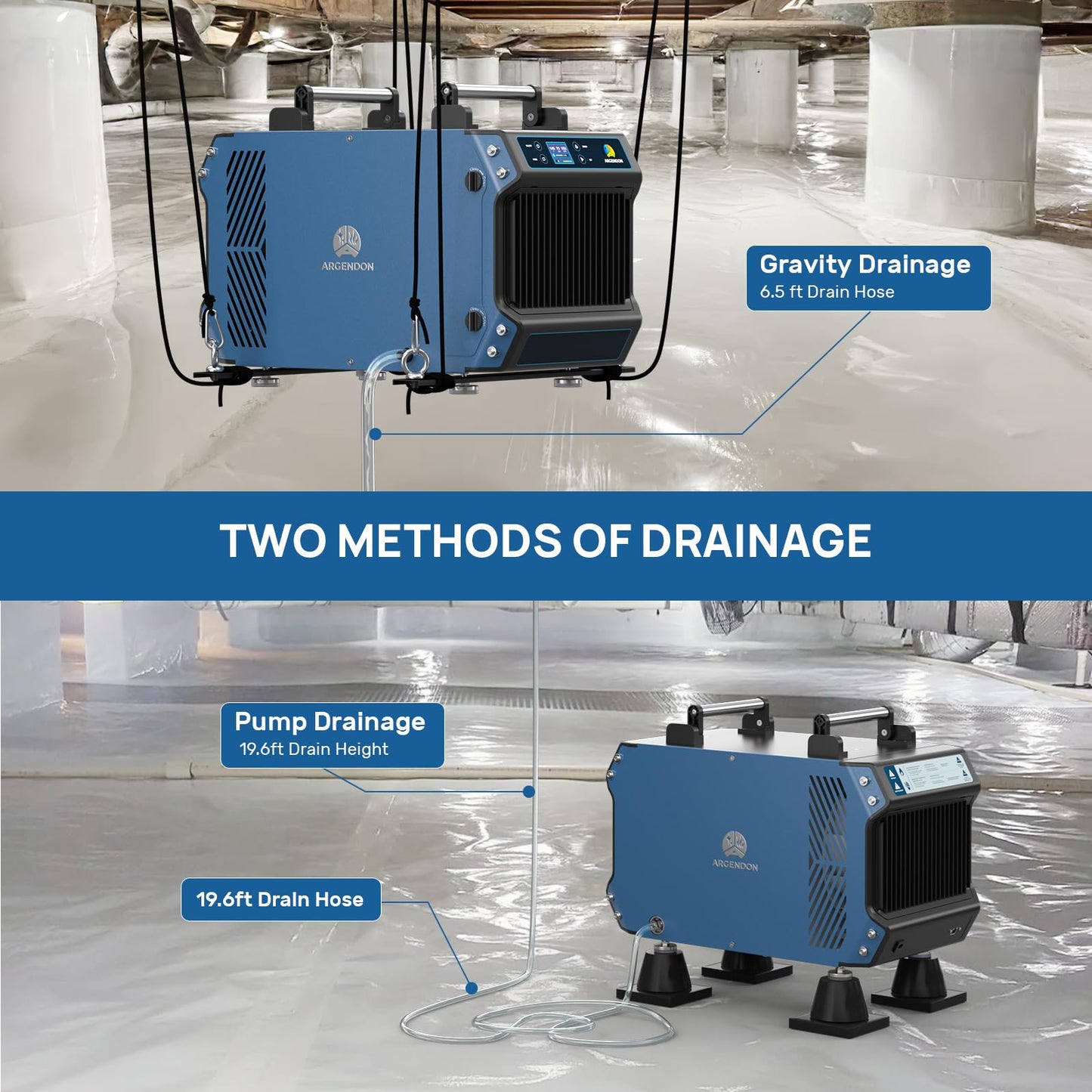 ARGENDON 145 Pint Crawl Spaces Dehumidifier with Pump, Energy Star Certified Commercial Dehumidifier with Drain Hose for Basement, Auto Defrost, Compact, Large Spaces up to 1800 Sq.Ft