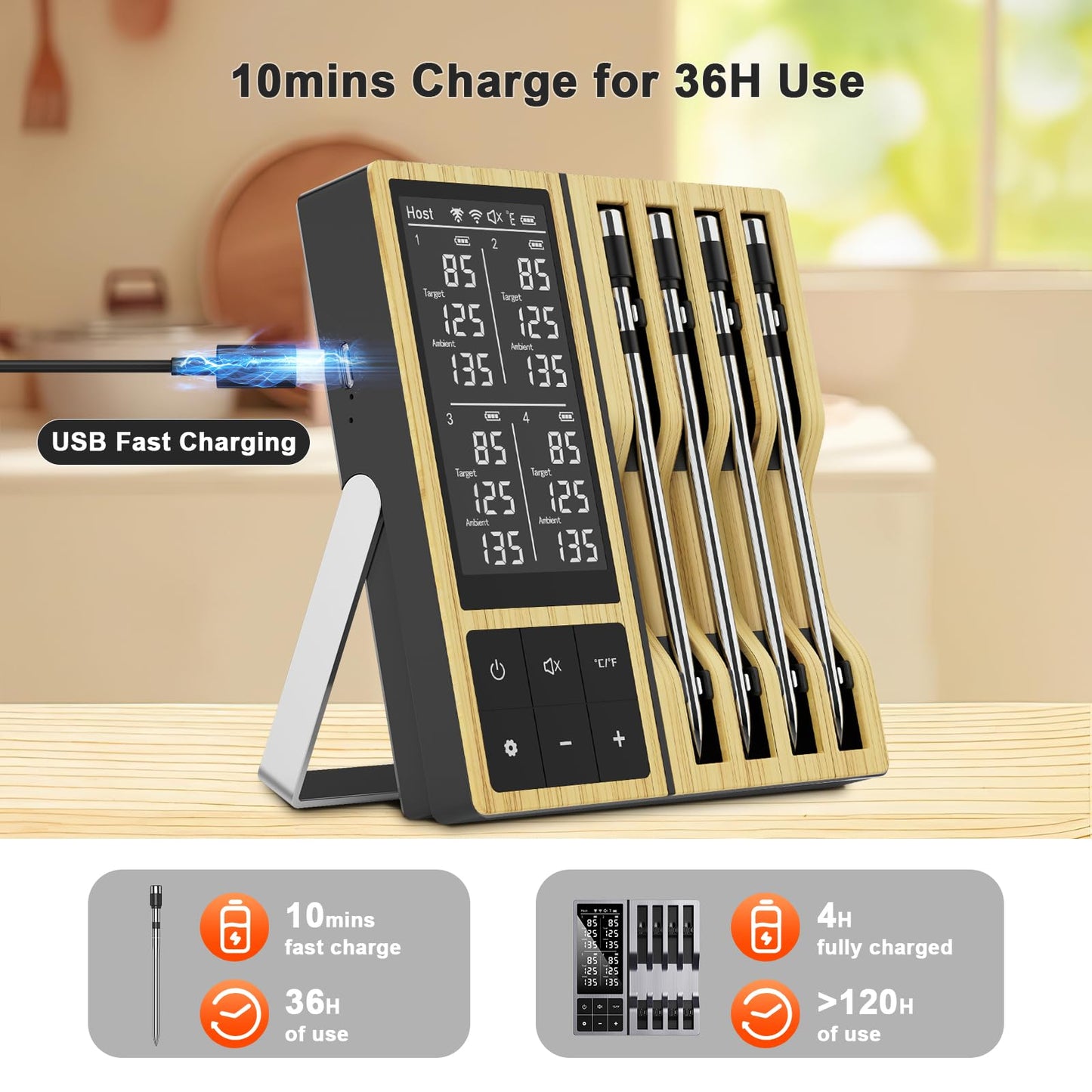 Smart Wireless Meat Thermometer with 4 Probes & 800ft Range, Bluetooth Grill Food Thermometer, Digital Backlit Screen, 0.5S Instant Read, NIST ±0.5℉ Accuracy for Kitchen BBQ, Oven, Smoker, Air Fryer