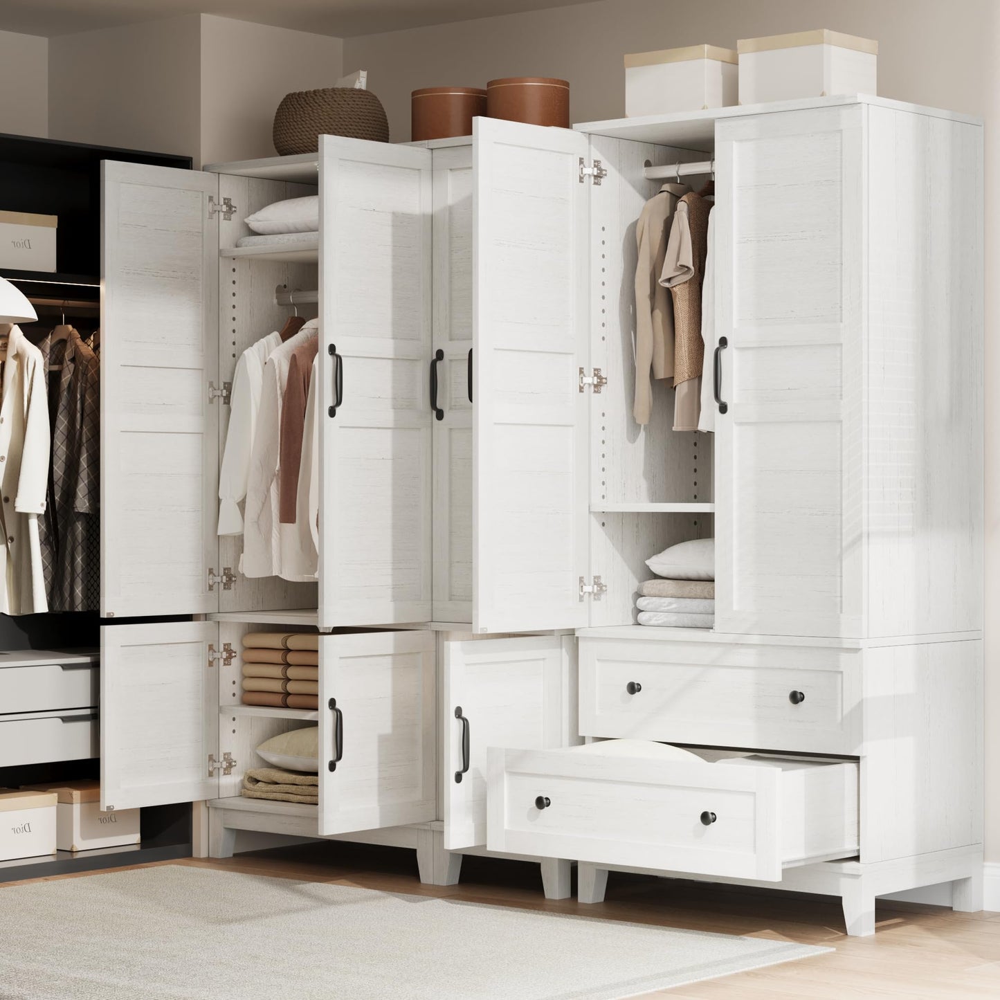 GarveeHome Armoire Wardrobe Closet with 2 Drawers,72 in Wooden Wardrobe Cabinet with Hanging Rod, Tall Clothing Armoire Cabinet with Doors and 18 Adjustable Shelves for Bedroom, Clothes, Rustic White