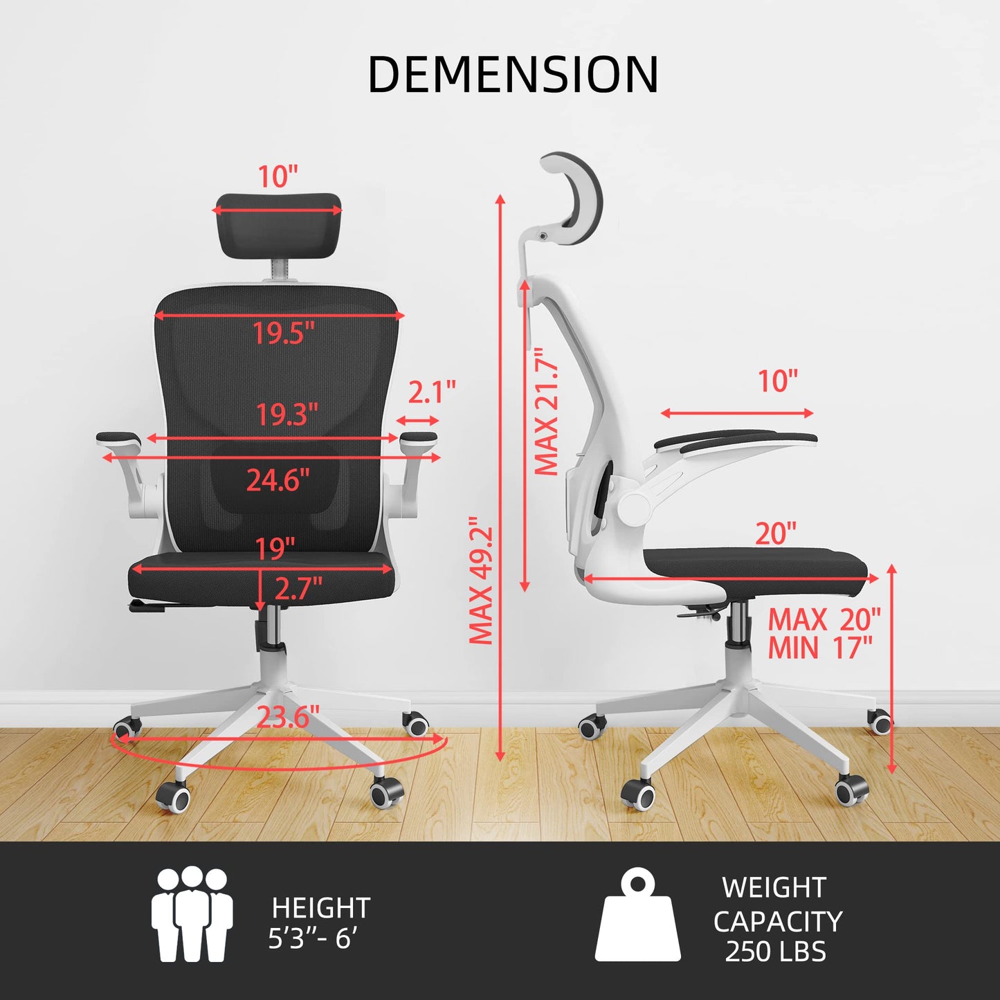 Monhey Ergonomic Office Chair, 90°-125° Tilt Back Home Desk Chair with 360° Swivel & Mute Wheels, High Back Mesh Computer Chair for Adults with Lumbar Support, 330 LBS Capacity (03White+Black)