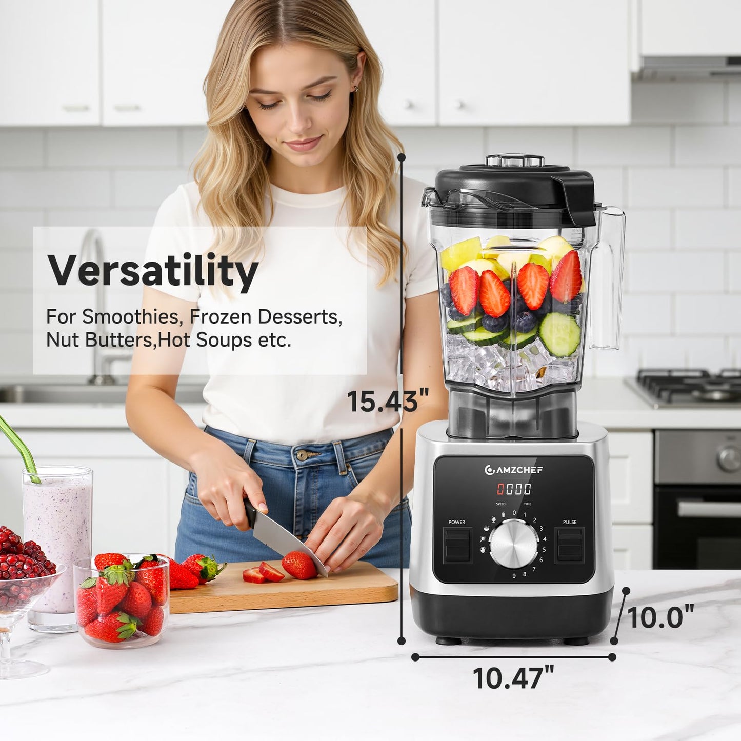 AMZCHEF Blender for Smoothies, 1800W High Power Countertop Blender, Ice Crushing Blender for Frozen Fruit with 6-Blade System, 68oz BPA-Free Pitcher, Variable Speed & Preset Programs