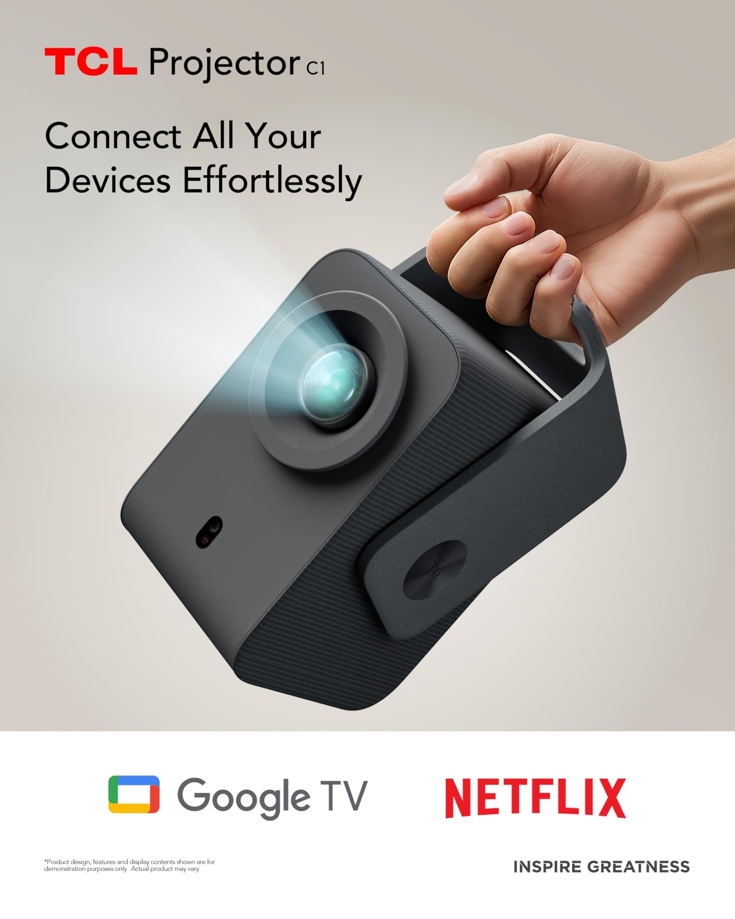 TCL C1 Smart Projector 4K Support, Google TV & Netflix Officially Licensed, WIFI and Bluetooth, Auto Focus Keystone, Native 1080p, Dolby Audio, 285° Portable Mini Projector for Home Theater