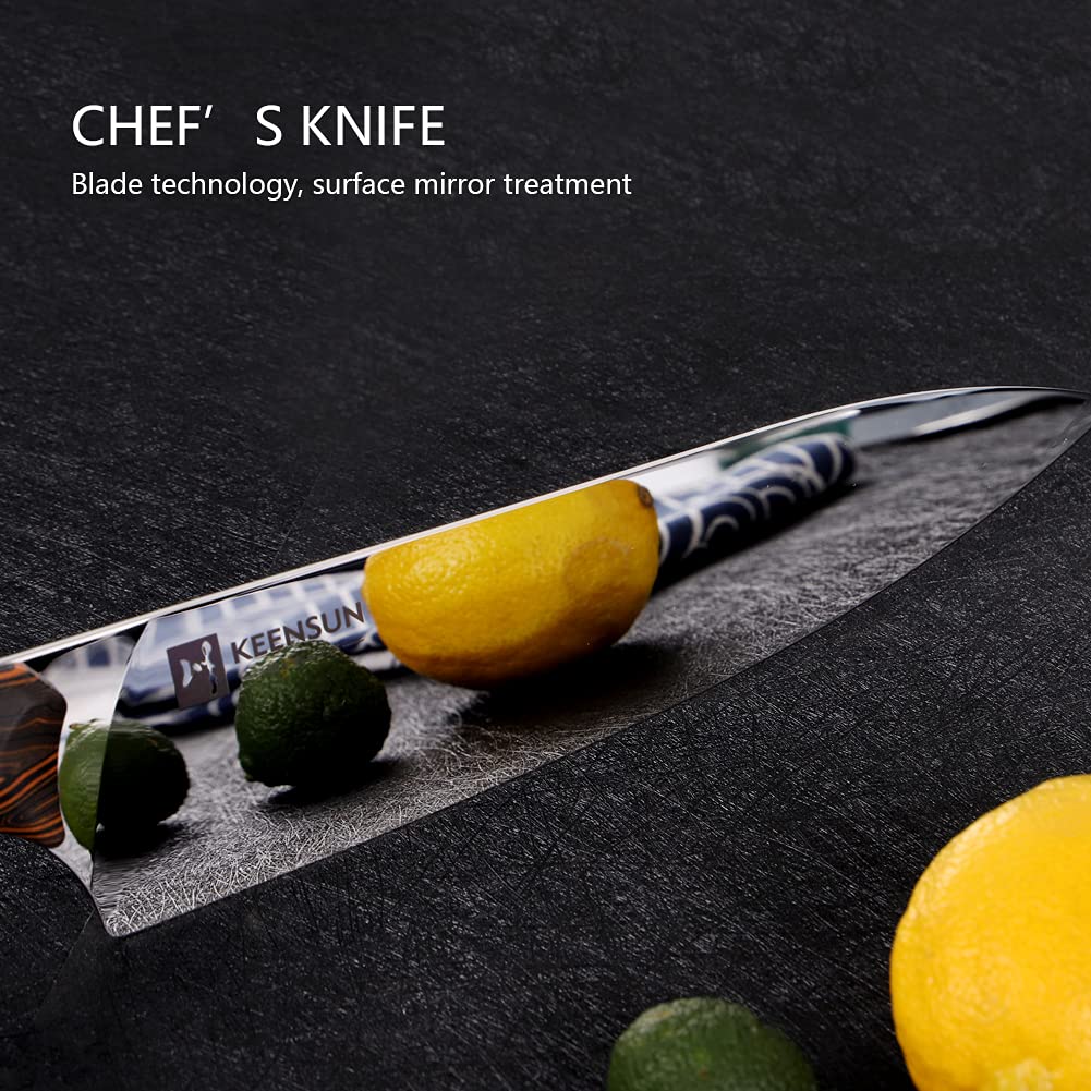 KEENSUN Chef Knife - 8 Inch Professional Kitchen Knife Rust Resistant VG10 Stainless Steel Ultra Sharp Chef Kitchen Knife,Orange-Black Damascus Pattern G10 Handle and Mirror Polished Blade