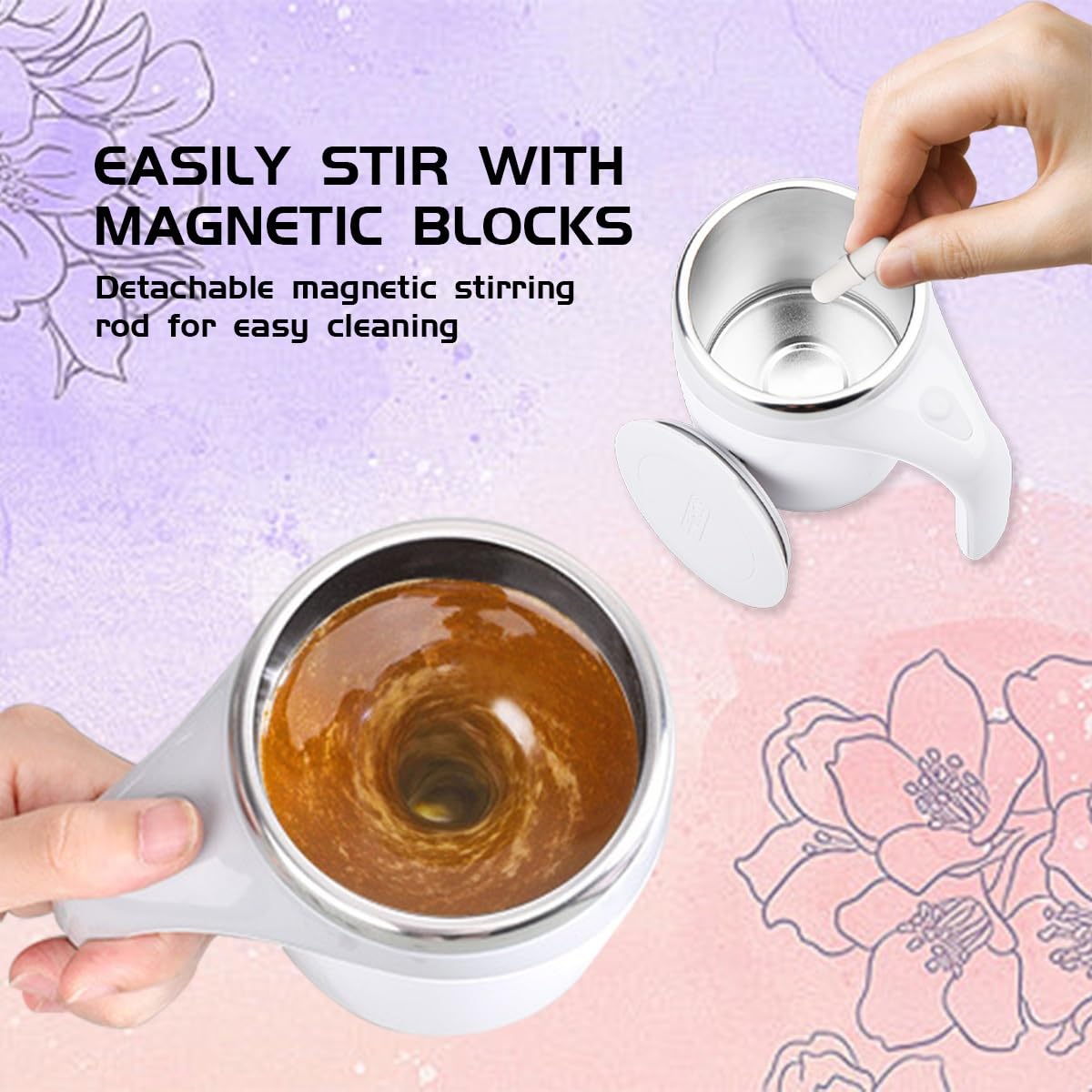 Self Stirring Coffee Mug, Personalized Initial Magnetic Stirring Mug, Stainless Steel Insulated Travel Cup Cool Women Birthday Christmas Unique Gift Husband Wife Mother Grandma Girlfriend Ideal