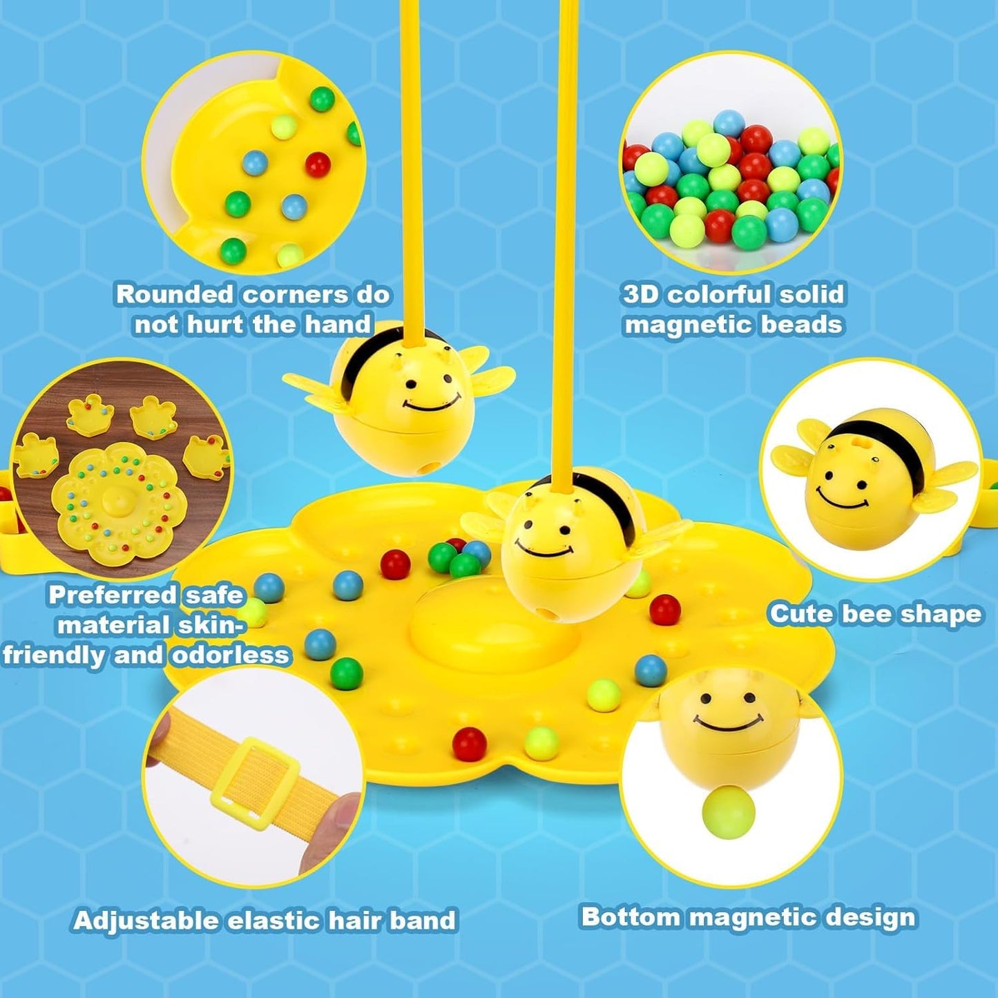 Magnetic Bee Bean Picking & Tabletop Fishing Game，Adjustable Headband, Educational Focus Toy Ages3+, Family Party Travel Games for Indoor/Outdoor，White Elephant Gift for Adults