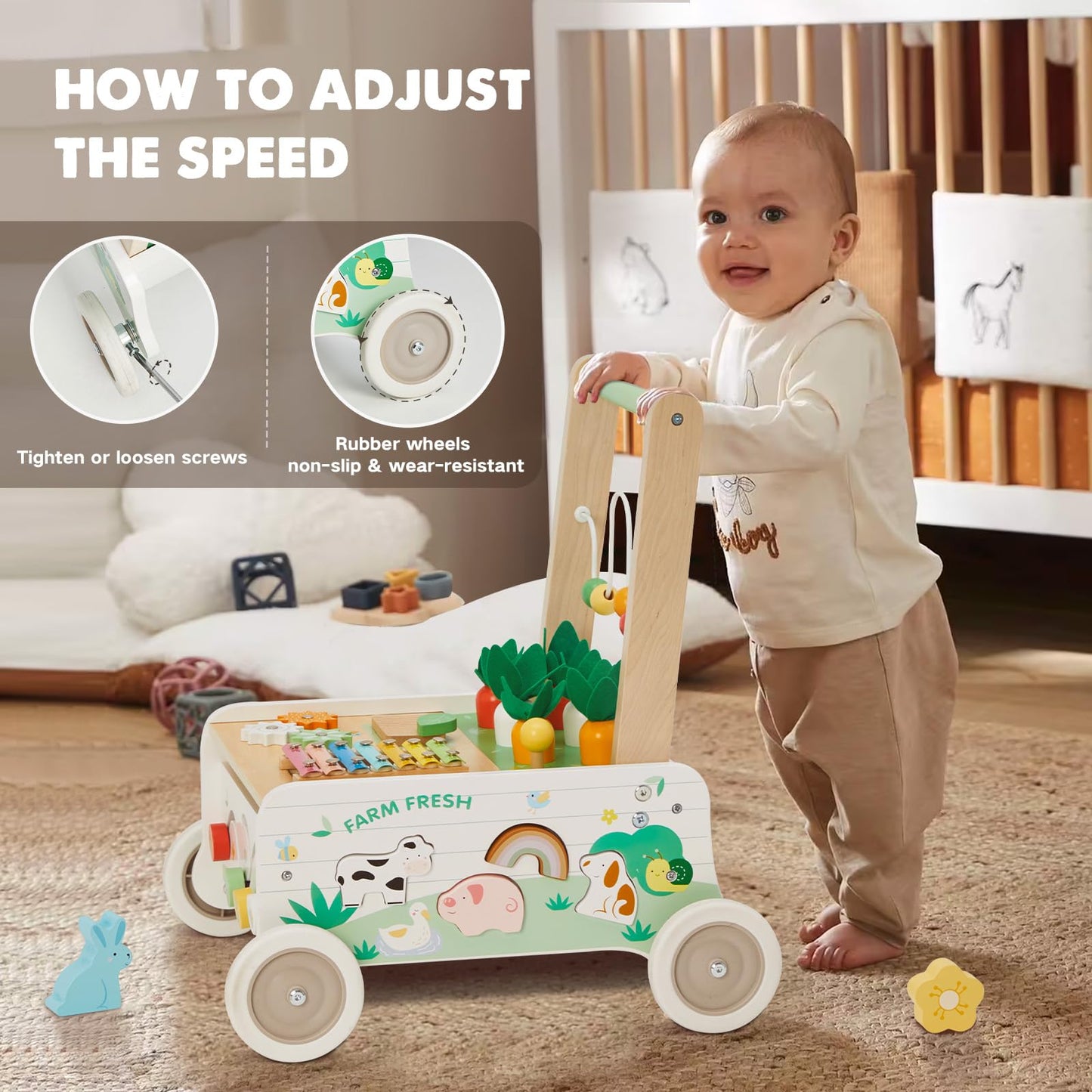 Wooden Baby Walker, Baby Push Walker, Adjustable Speed Baby Walker with Wheel, Toddler Activity Center Toys, Montessori Farm Walker Toy with Shape Sorter, Carrot Harvest for Boys and Girls