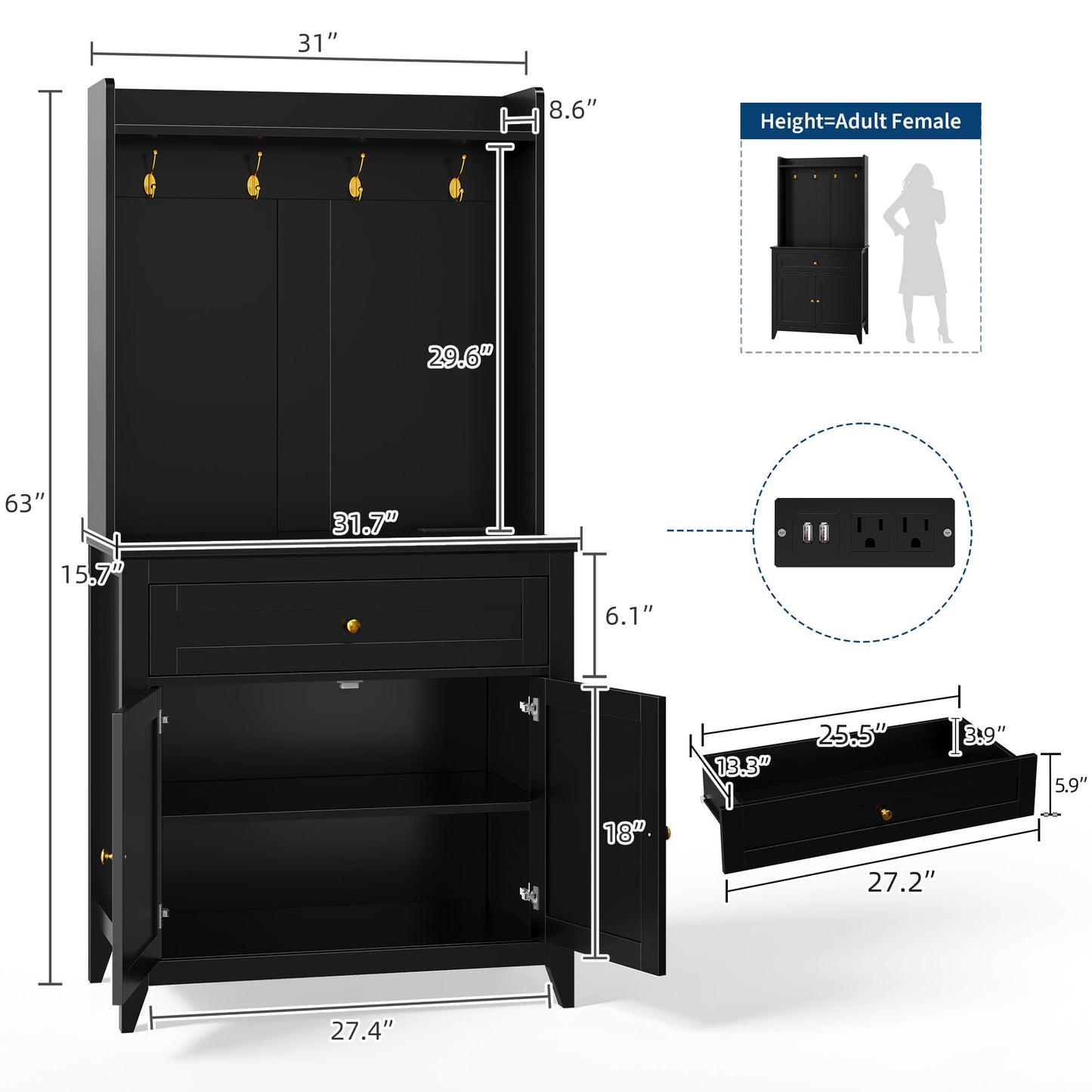 Garvee 63'' Sideboard Buffet Cabinet, 4 Hooks Coffee Bar Cabinet with Drawer & Adjustable Shelves, Kitchen Storage for Kitchen Room, Living Room, Dining Room, Black