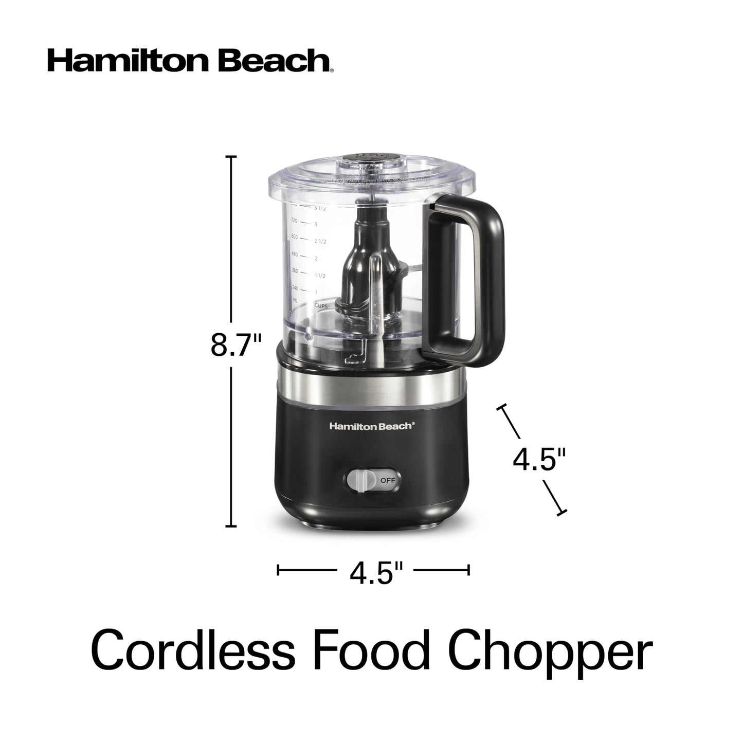 Hamilton Beach Powerful Cordless Mini Food Processor and Vegetable Chopper, 4 Cup Capacity, Fast Recharging, Includes Power Adapter, Chop, Puree, Emulsify, Grind, Dishwasher Safe Bowl, Black (72880)