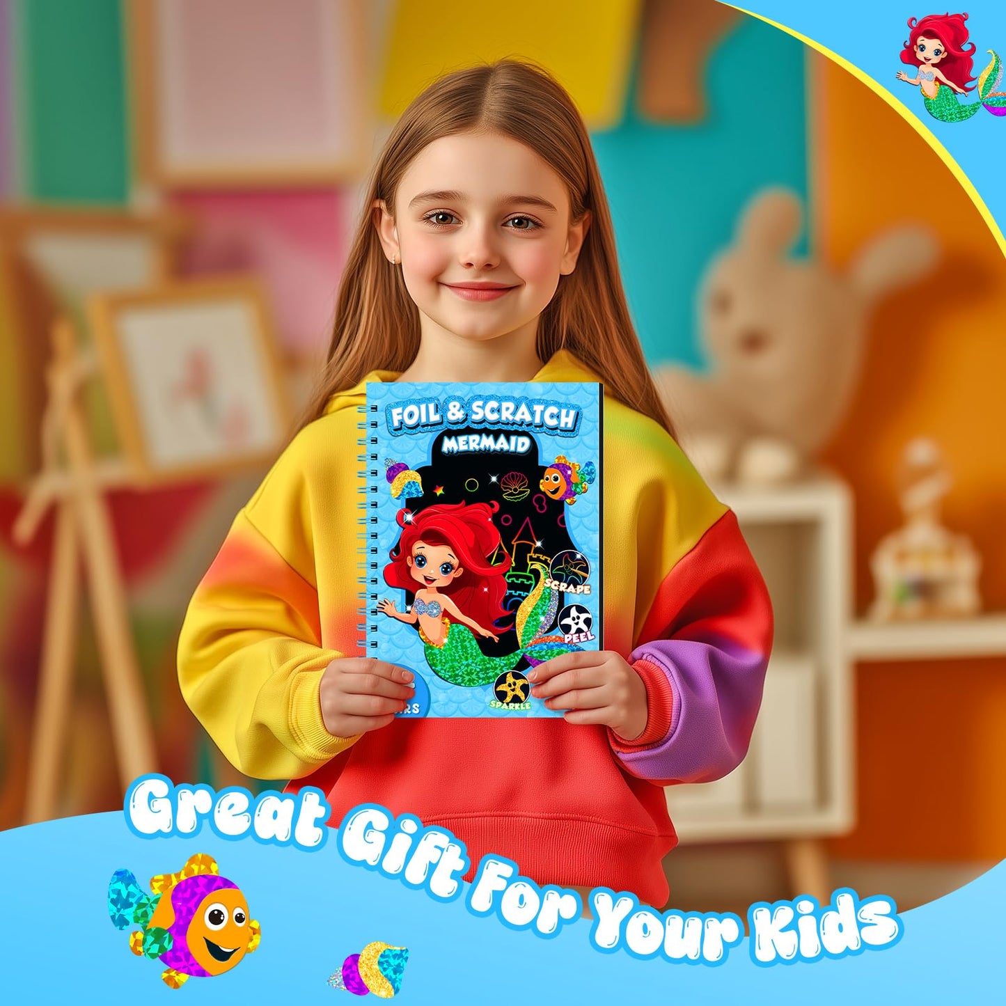 homicozy Art & Craft Activity for Kids - Foil Fun Mermaids & Scratch Art Book 2-in-1, No Mess Art Crafts for Girls,DIY Creative Activity Kit,Gifts for Girls Ages 4, 5, 6, 7, 8, 9, Travel Toys