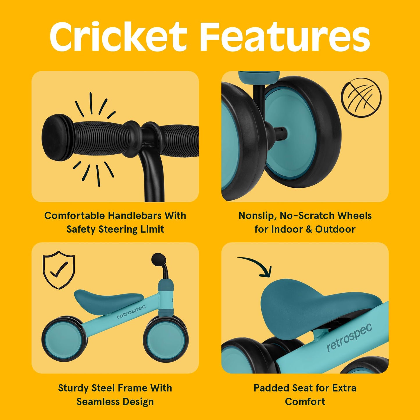 Retrospec Cricket Baby Balance Bike, 4-Wheel Ride-On Toy for Ages 12-24 Months – First Bike & Toddler Bike for 1 Year Old Boys & Girls, First Birthday Gift