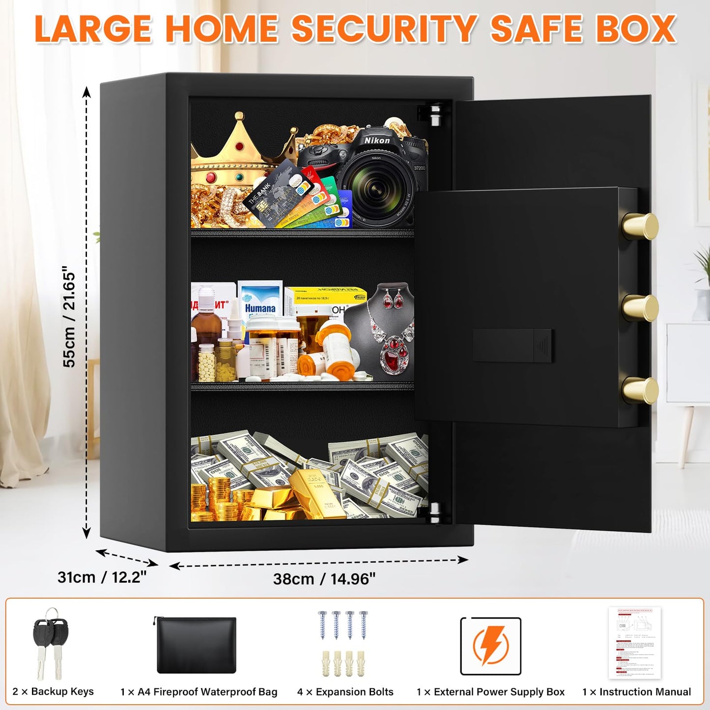 21.65"H Large Safe Box for Home, 5.0 cu ft Anti-Theft Safe with A4 Fireproof Bag, Steel Security Safe with Keypad Lock, Backup Keys, External Power Supply Box, Document Safe for Cash Medicine Document