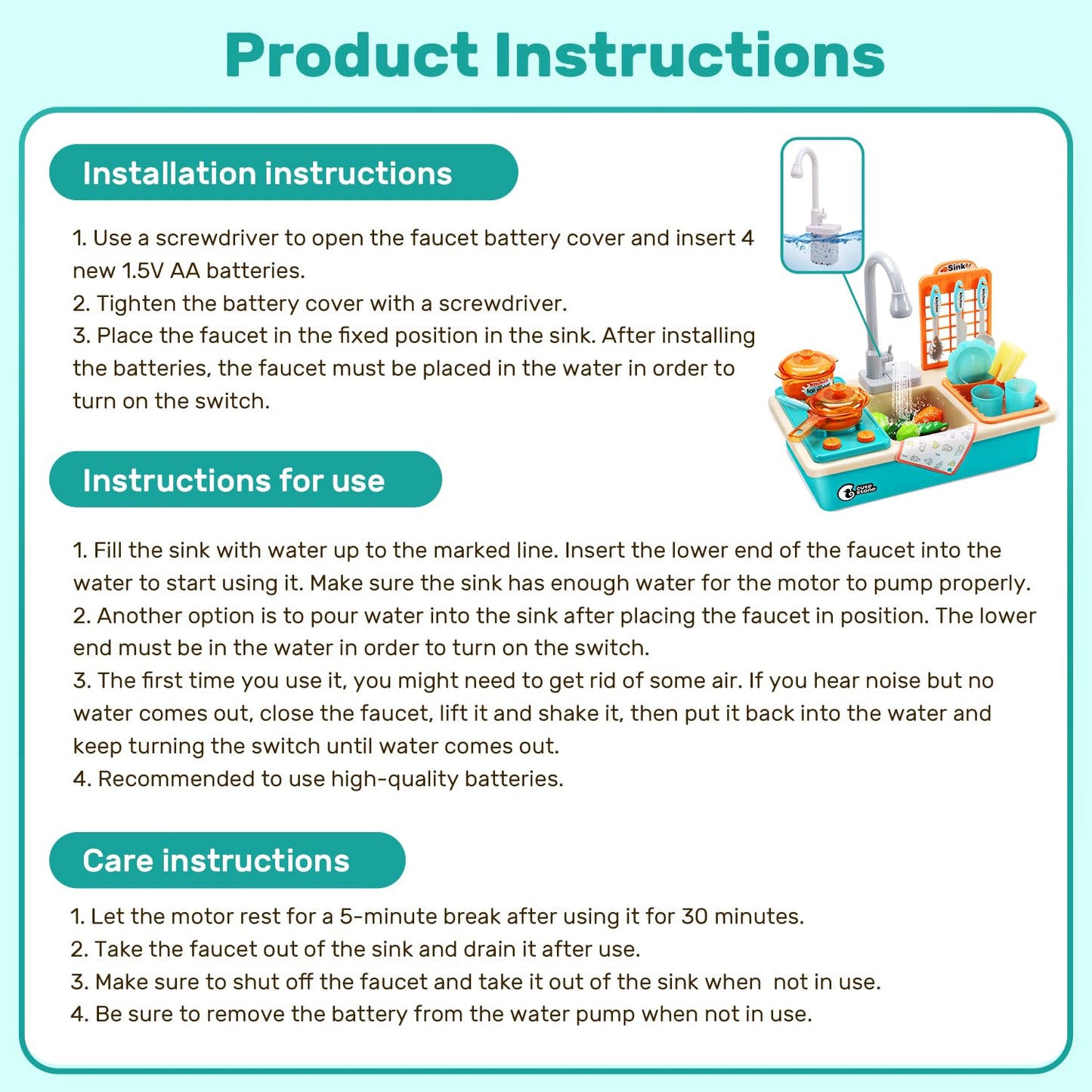 CUTE STONE Play Kitchen Sink Toys with Upgraded Real Faucet, Play Cooking Stove, Cookware Pot and Pan,Play Food, Color Changing Dishes Accessories for Boys Girls Toddlers