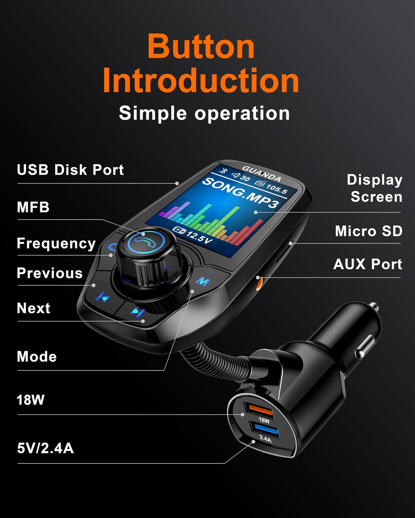 Upgraded Bluetooth FM Transmitter for Car, Wireless Radio Adapter Kit W 1.8" Color Display Hands-Free Call AUX in/Out SD/TF Card USB Fast Charge 18W for All Smartphones Audio Players - Black