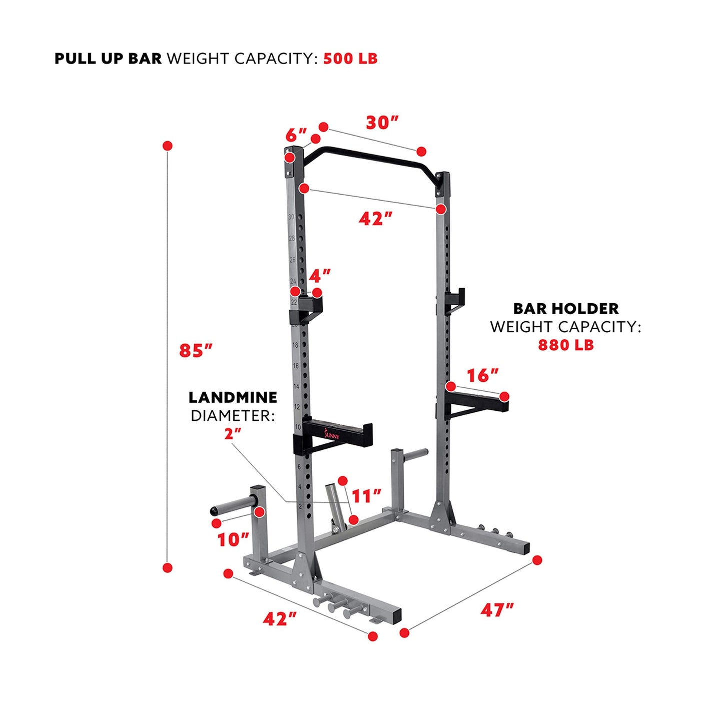Sunny Health & Fitness Power and Squat Rack with High Weight Capacity, Olympic Weight Plate Storage and 360° Swivel Landmine and Power Band Attachment