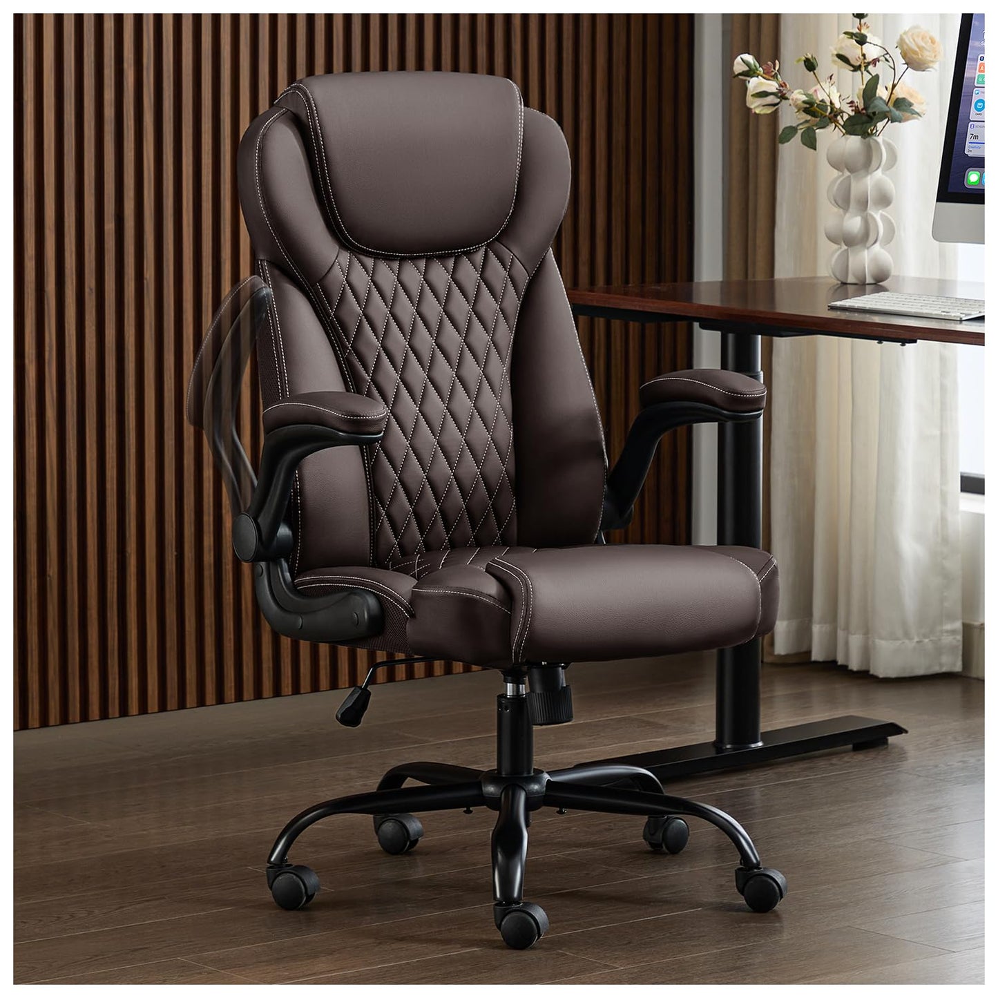 amseatec Office Chair, Executive PU Leather Chair, Ergonomic Computer Desk Chair with Lumbar Support and Adjustable Flip-Up Arms, Rocking Task Chair (Brow