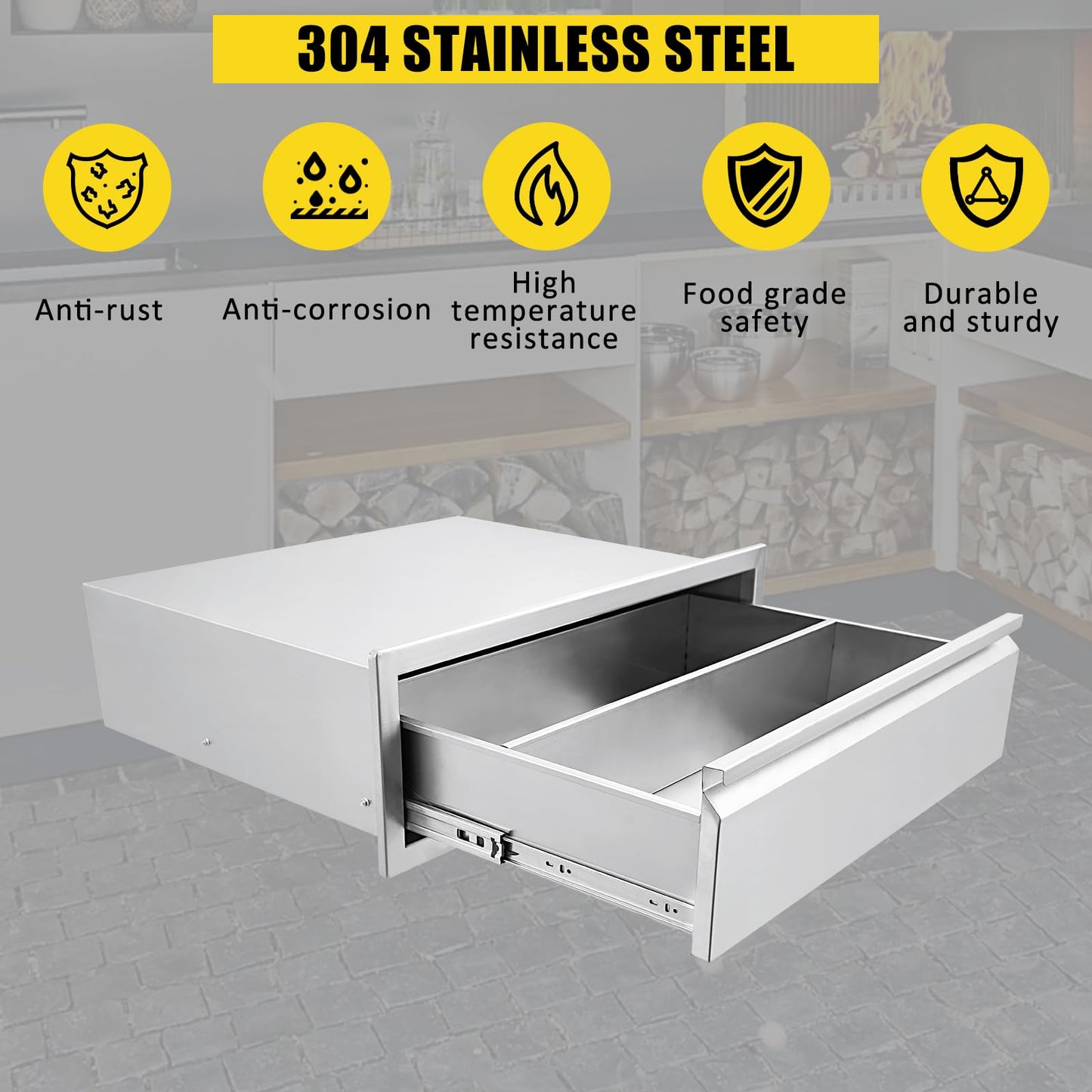 GarveeLife Outdoor Kitchen Drawers - Stainless Steel Flush Mount Triple Access BBQ Drawers, with Divider, Venting Panel for BBQ Island Patio Grill Station, 30Wx23Dx10H inch