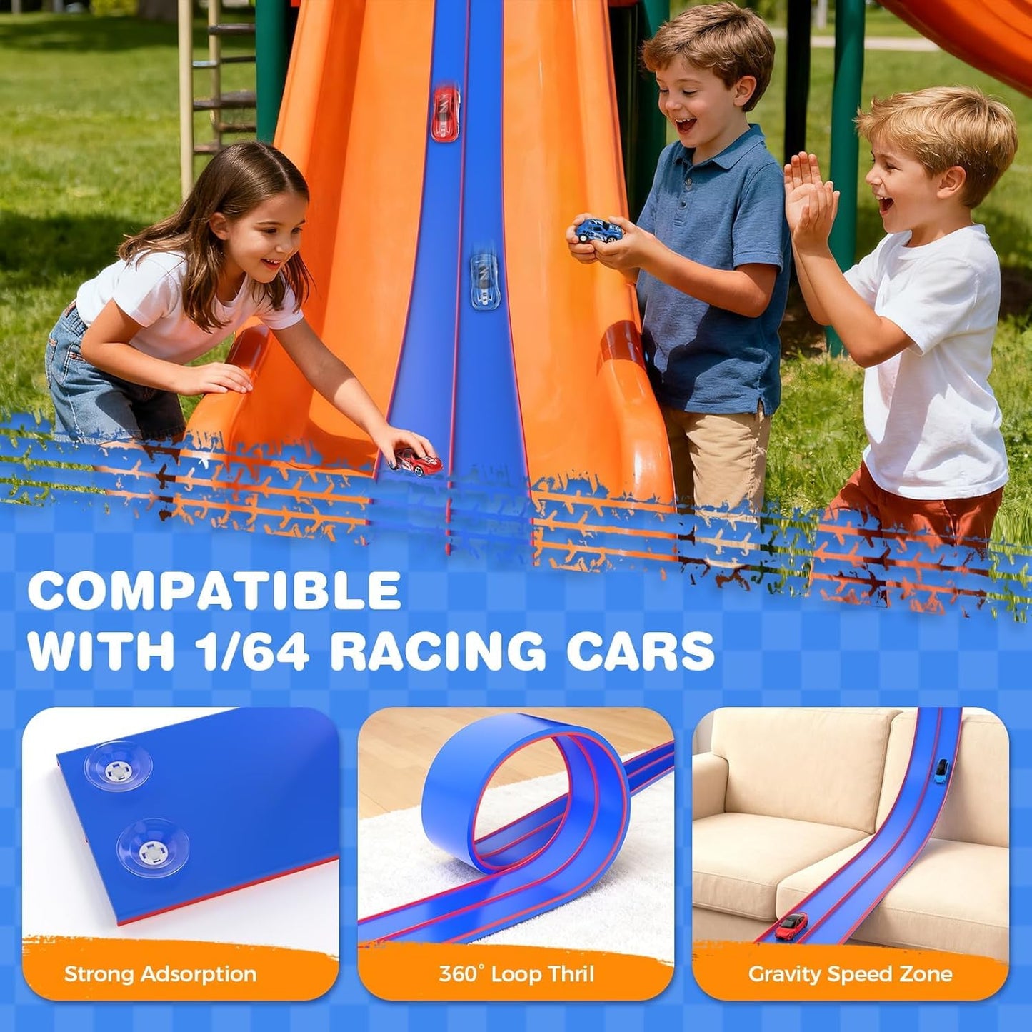 DKOXT 15 Ft Flexible Race Track for Kids, DIY Car Track Set with 2 Toy Cars & 3 Suction Cup Ramps, Easter Basket Stuffers for Teens & Boys Girls, Creative Easter Gifts for Kids, Blue & Red