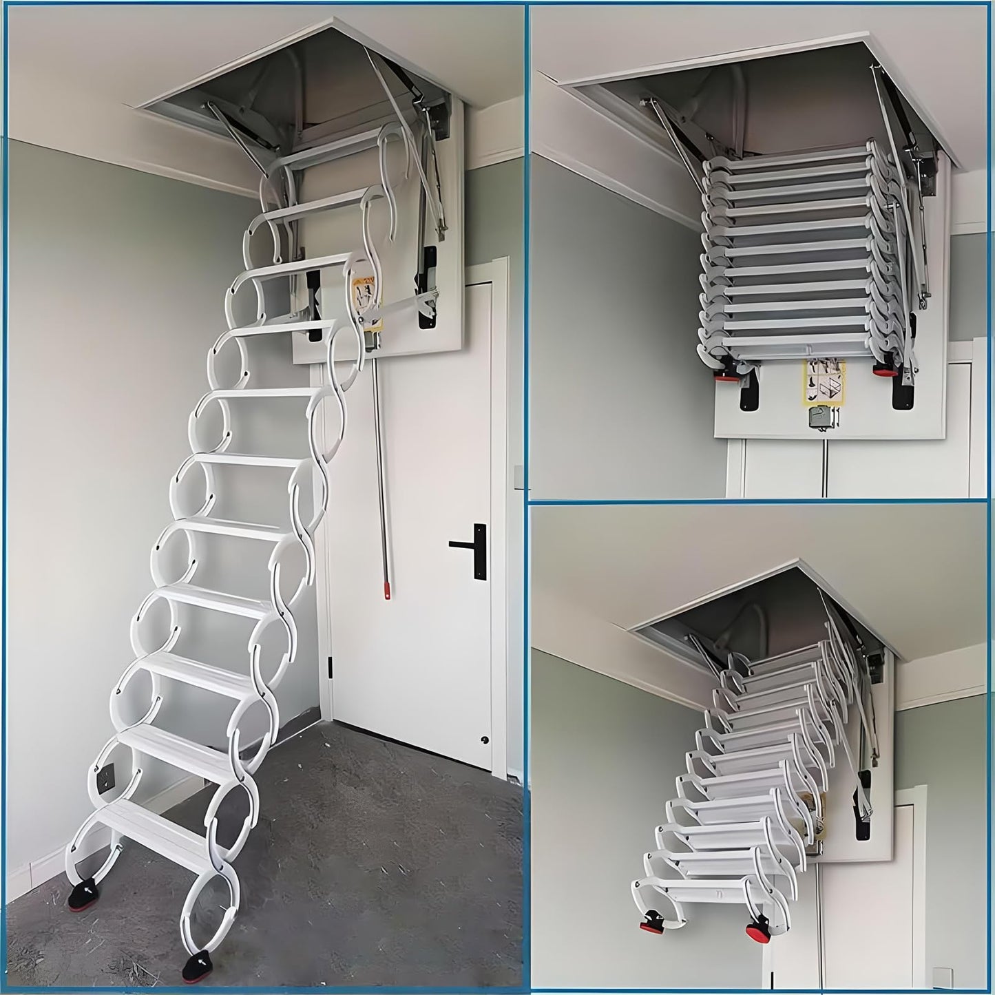 Ceiling Mount Attic Ladder, Retractable Attic Ladder Ceiling Pull Down System, 12 Steps Folding Loft Step with Armrests, Hidden Mount Attic Extension Stairs for Garage(White, Step 12)