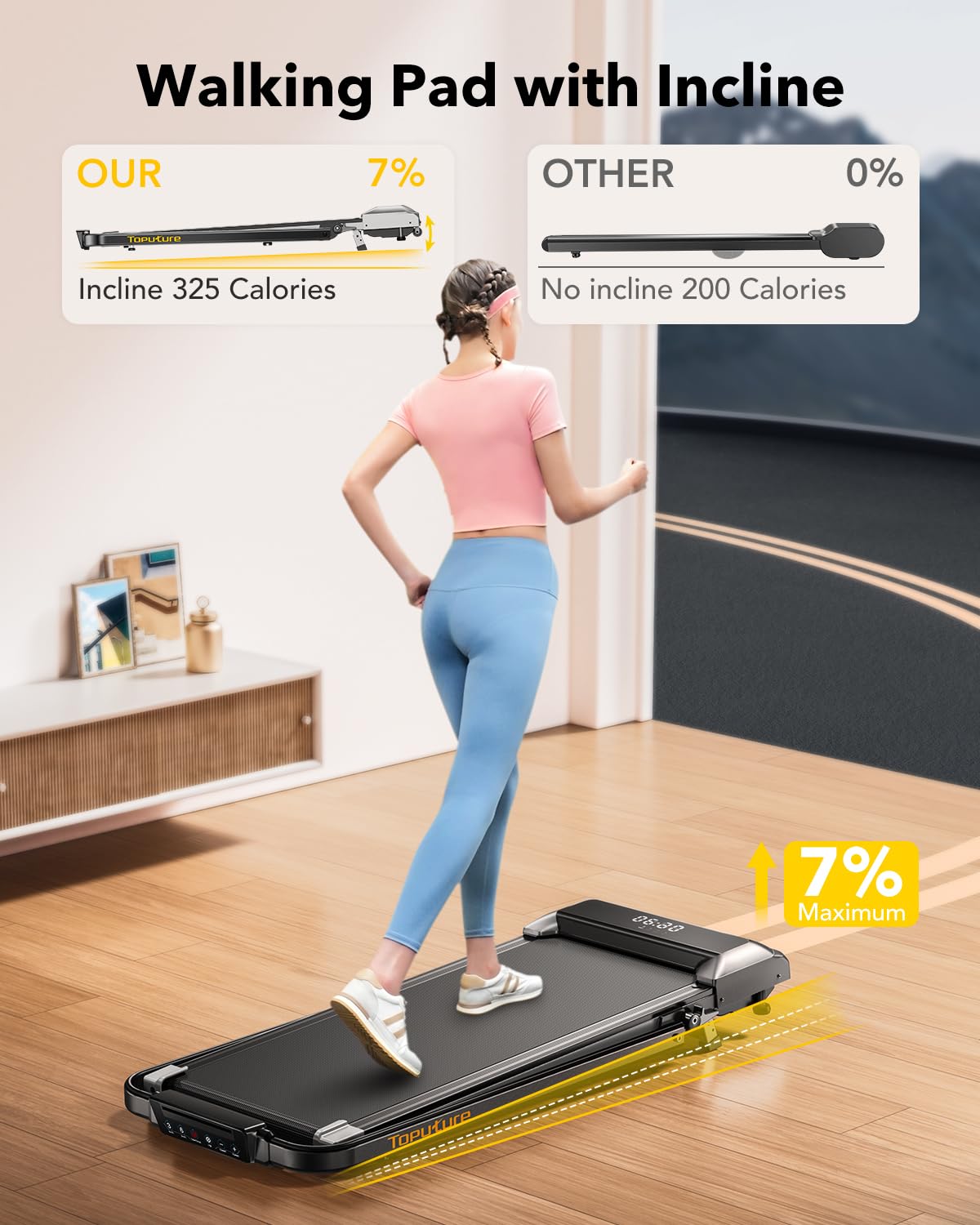 TOPUTURE Walking Pad Treadmill with 12% Incline, 6 in 1 Folding Treadmill with Adjustable Handle Bar for Home/Office, Under Desk Treadmills Portable Walking Pad with App, Remote Control & LED Display