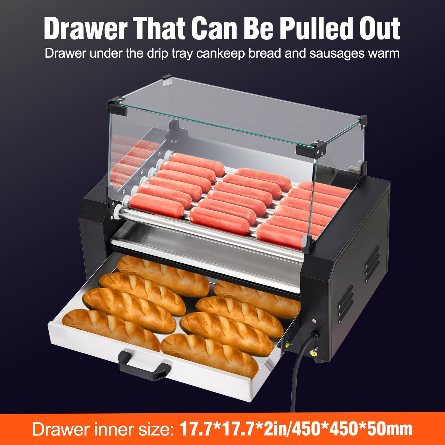 ACONEE Hot Dog Roller, 7 Rollers 18 Hot Dogs Capacity 1350W Stainless Sausage Grill Cooker Machine with Removable Oil Drip Tray Dual Temp Control and Glass Hood Cover, Perfect for Commercial and Party