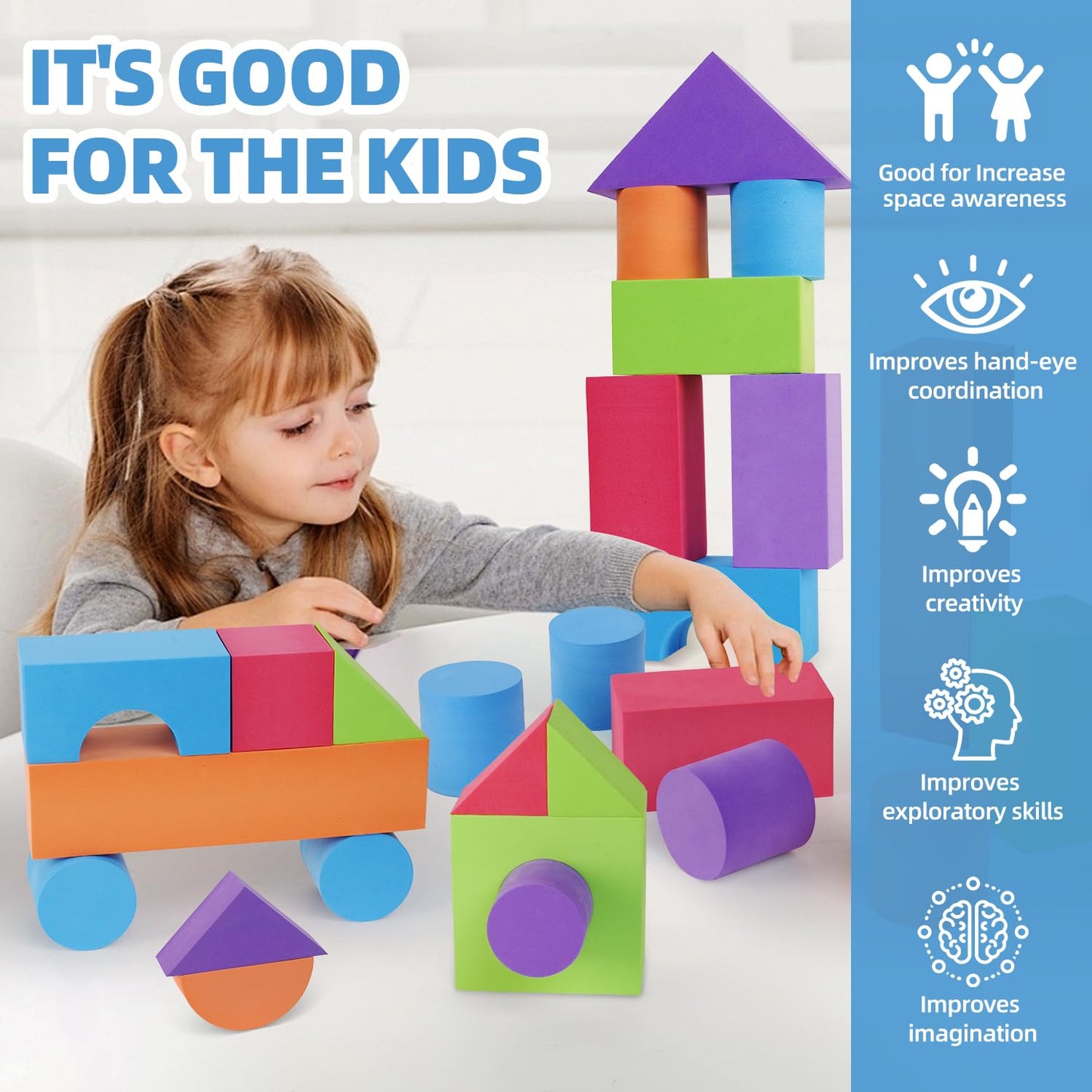 Bingyouth Large Building Foam Blocks for Toddlers, EVA Stacking Foam Building Blocks Toy Set, Non-Toxic, Washable, Early Learning Construction Toys & Gifts for Kids Boys & Girls (Blue, Pieces, 30)