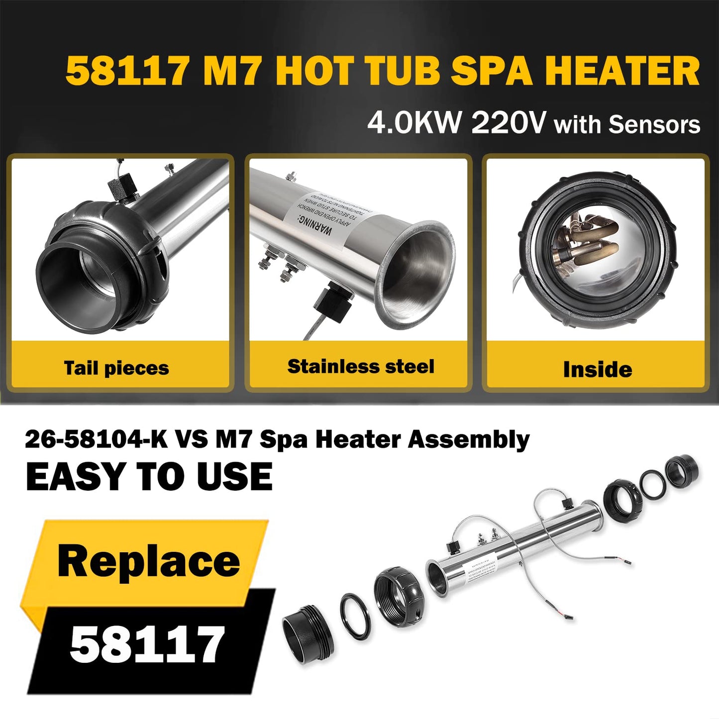 E-cowlboy 58117 M-7 Heater Assembly fits for Balboa VS, EL, TS, GS, BP Control Systems, 4.0 KW 220V 26-58104-K with Sensor