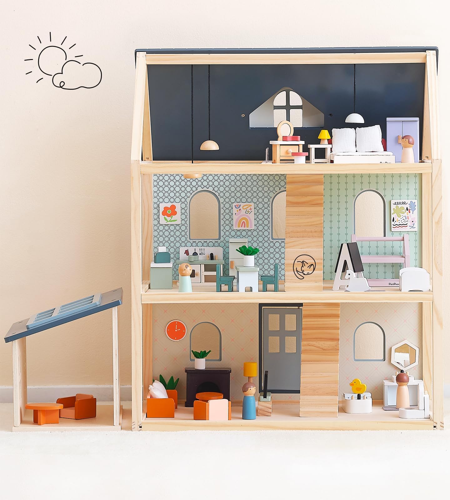 PairPear Large Wooden Dollhouse, 3 Story Play House with 64 Pieces Furniture Accessories & Garage, Pretend Play Family Dollhouse Gift for Kids 3+