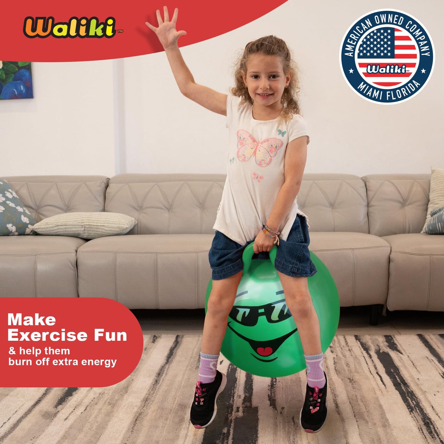 WALIKI Hop Ball Toy for Boys and Girls 3 4 5 and 6 Years Old | 18” Green Hopper Jumping Therapy Ball for Kids | Outdoor Toys for Kids Who Love Hopping