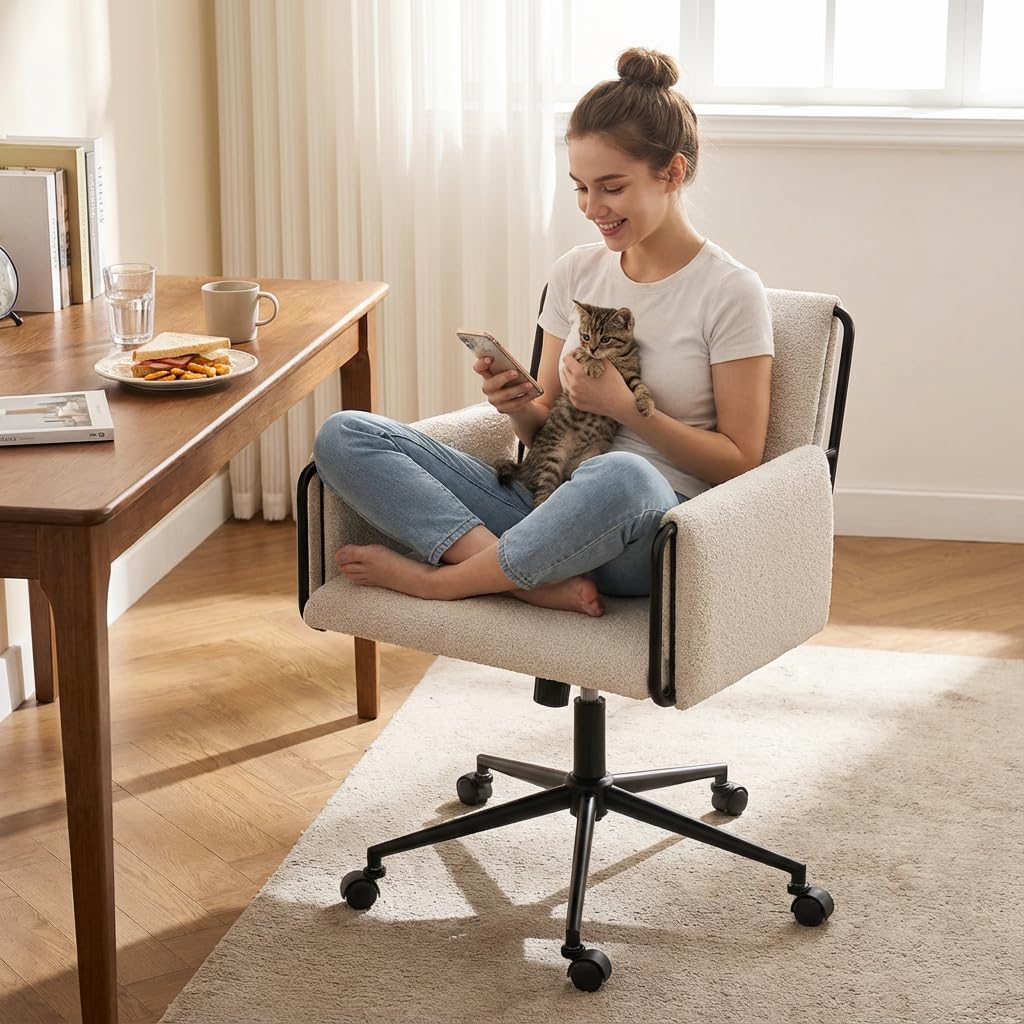 YOUNIKE Wide Seat Home Office Chair, Modern Desk Chair with Comfy Back & Thick Cushion, Fabric, Metal Base, Height Adjustable, Swivel Rolling Task Chair with Wheels for Study/Vanity/Bedroom, Beige