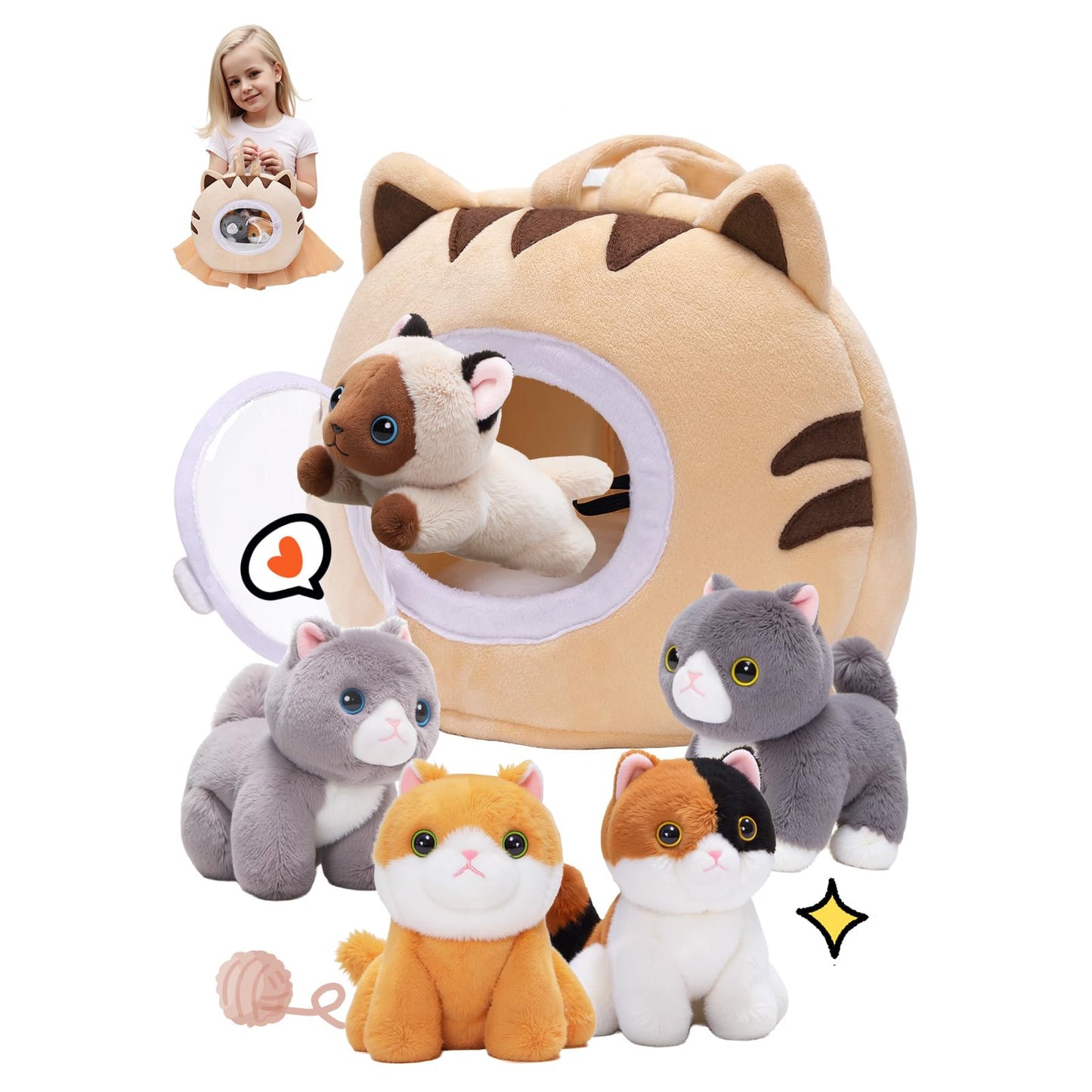 OUOZZZ Cat Stuffed Animal House – Plush Kitten Toy Set with 5 Soft Cats – Interactive & Travel-Friendly Kitties Carrier Playset for Toddlers & Kids – Huggable, Portable Birthday Gift for Baby Girls