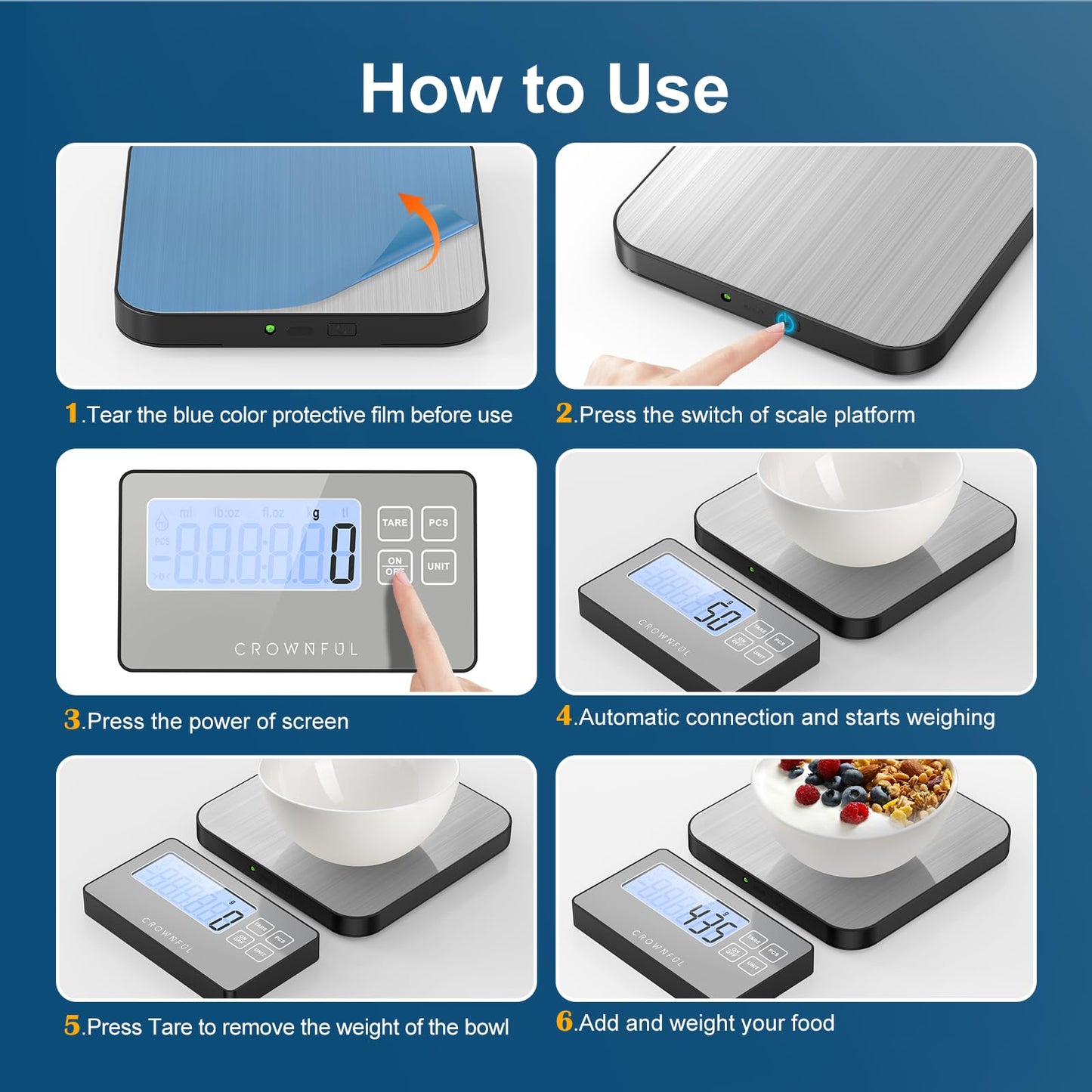 CROWNFUL Split Food Scale, 33lb Wireless Kitchen Scale with Remote LCD Display, 7 Units & Tare Function, 1g/0.1oz, Digital Food Scales for Kitchen, Stainless Steel Food Weight Pan for Cooking/Dieting