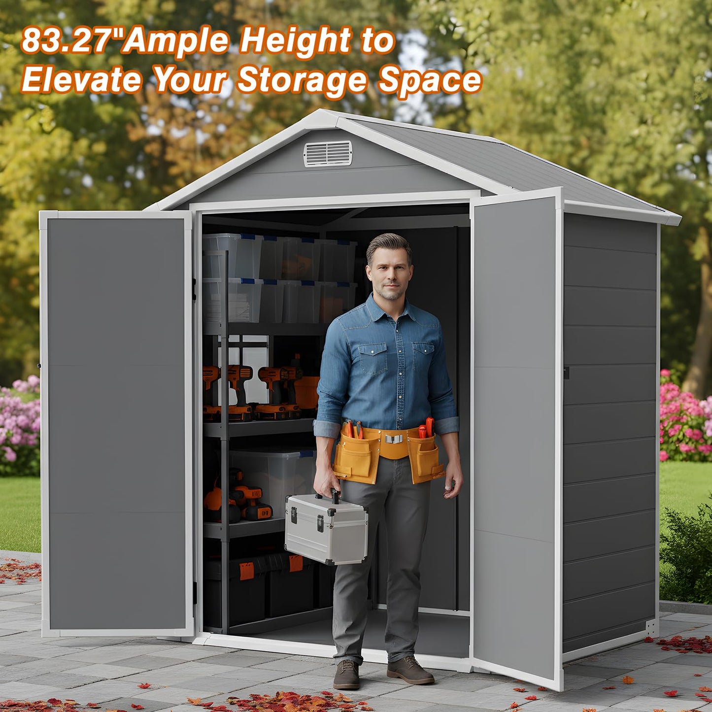 LARBANKE 6×4FT Outdoor Storage Shed with Floor and Slop Roof,Waterproof Garden Storage Shed with Lockable Door&Window,Resin Shed with Ramp&Vent Suitable for Patio,Backyard,Garden,Lawn,Gray