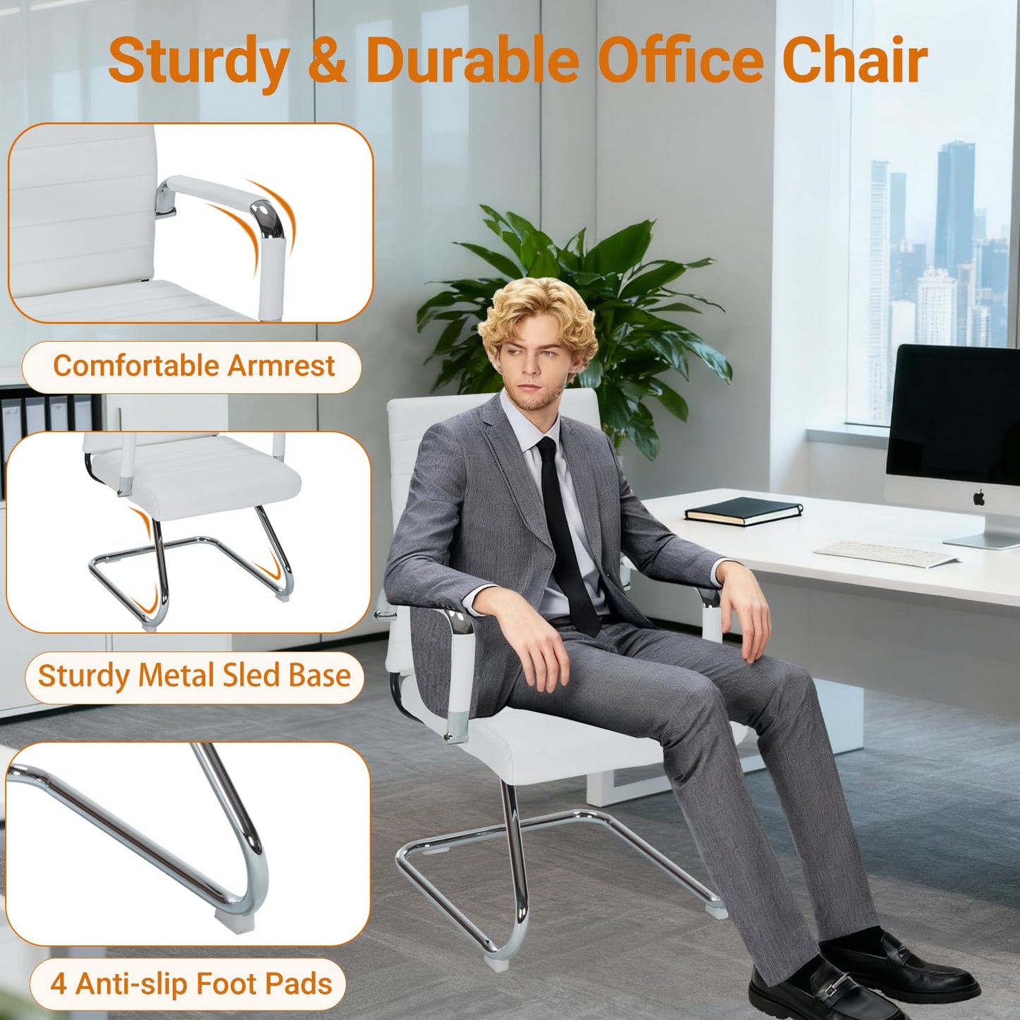 Sidanli Desk Chair No Wheels, Leather Guest Chair with Mid Back Ergonomic Support & Sled Base for Office Reception Conference Room, 2 Pack, White