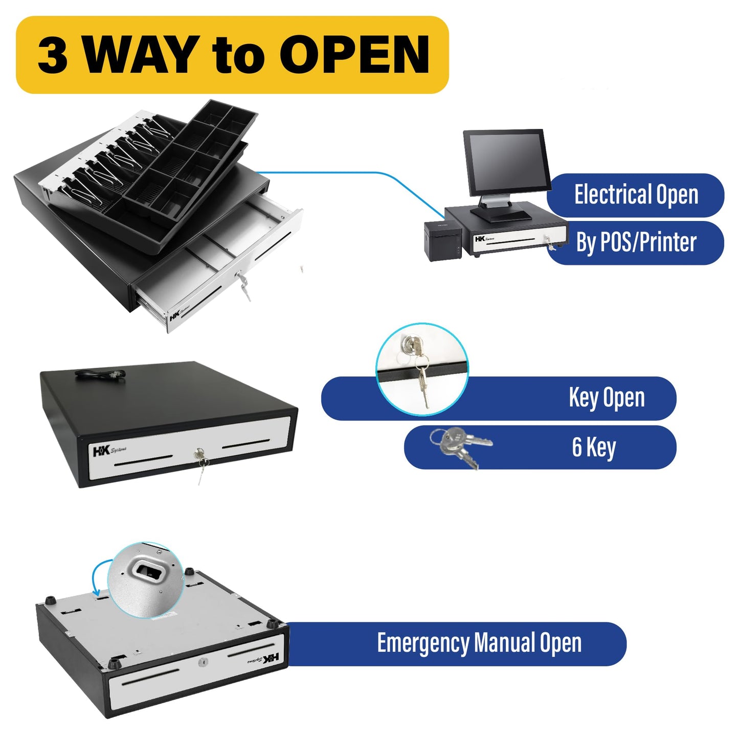 HK SYSTEMS 18inch Heavy Duty Black POS Cash Drawer with 5Bill/8Coin "Stainless Steel" Front, Ball Bearing Slides