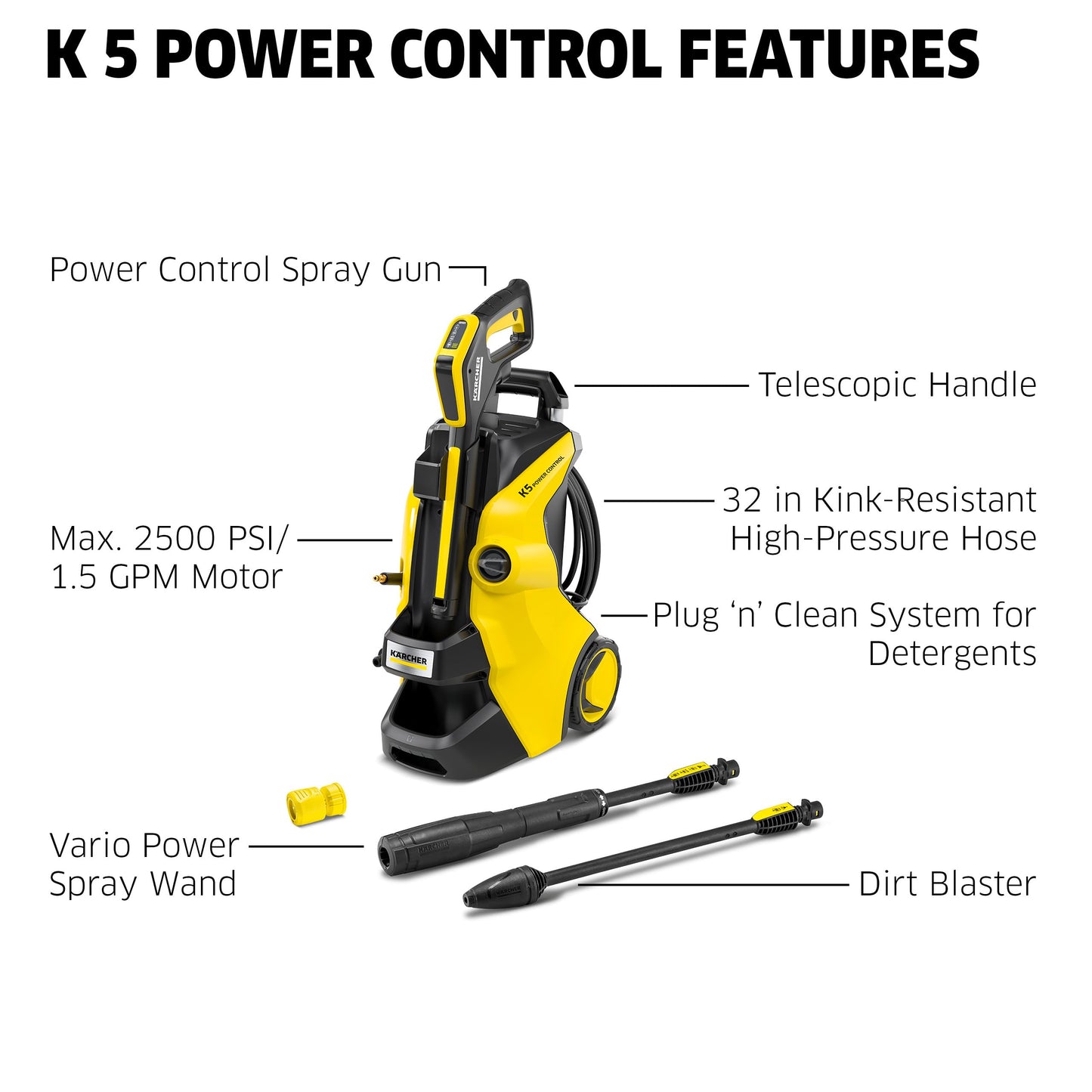Kärcher K5 Power Control Max 2500 PSI Electric Pressure Washer with Vario & Kärcher - FJ6 Foam Cannon Spray Nozzle - for Kärcher Electric Power Pressure Washers K1-K5