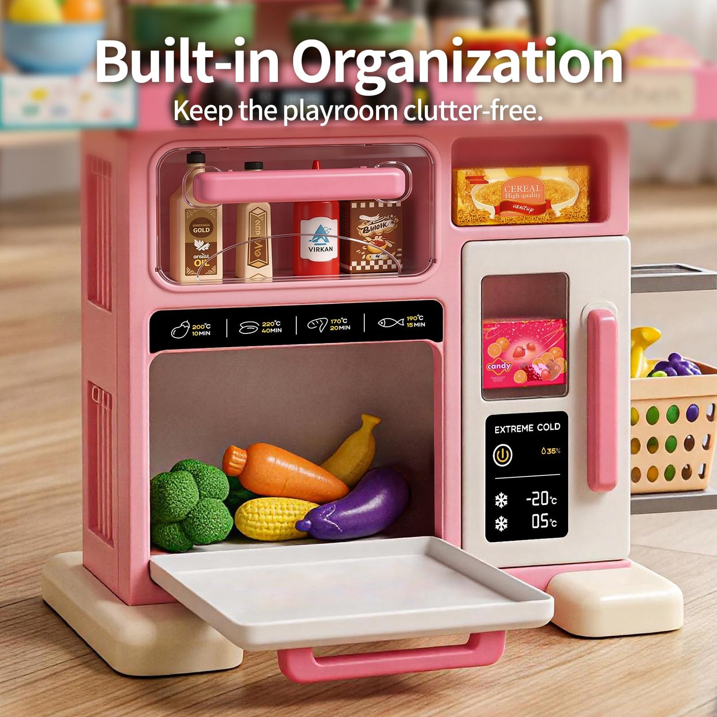 33.8IN - 70PCS Kids Kitchen Playset with Sound & Light - Cooking Stove with Steam, Play Sink and Toy Kitchen Accessories - Pretend Kitchen Play Food Toys for Kids Boys Girls - Toddler Play Kitchen Set
