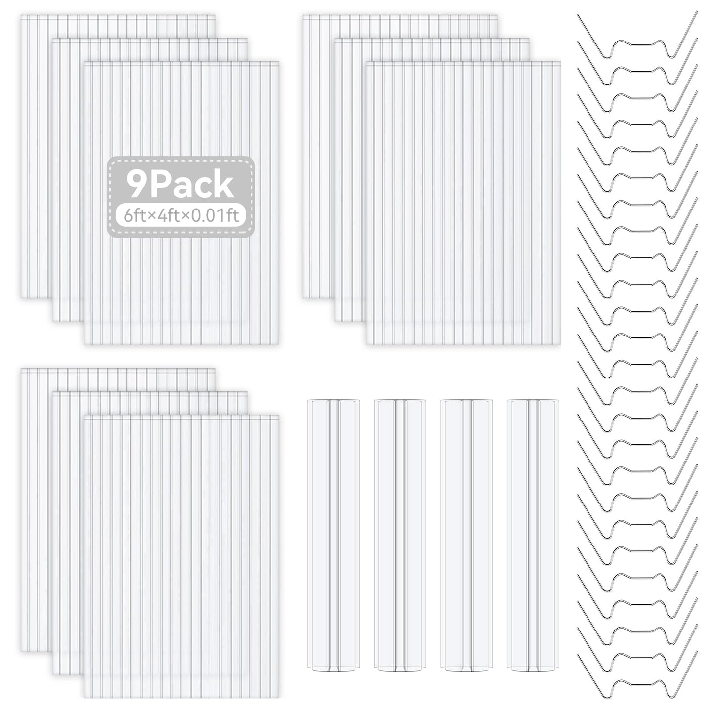 9 Pack Polycarbonate Greenhouse Panels, 6' x 4' x 0.16" Twin-Wall Polycarbonate Sheets Include 4 H Connectors and 25 W-Clips, Waterproof UV Protected Impact Resistance Clear Roofing Sheets for Garden
